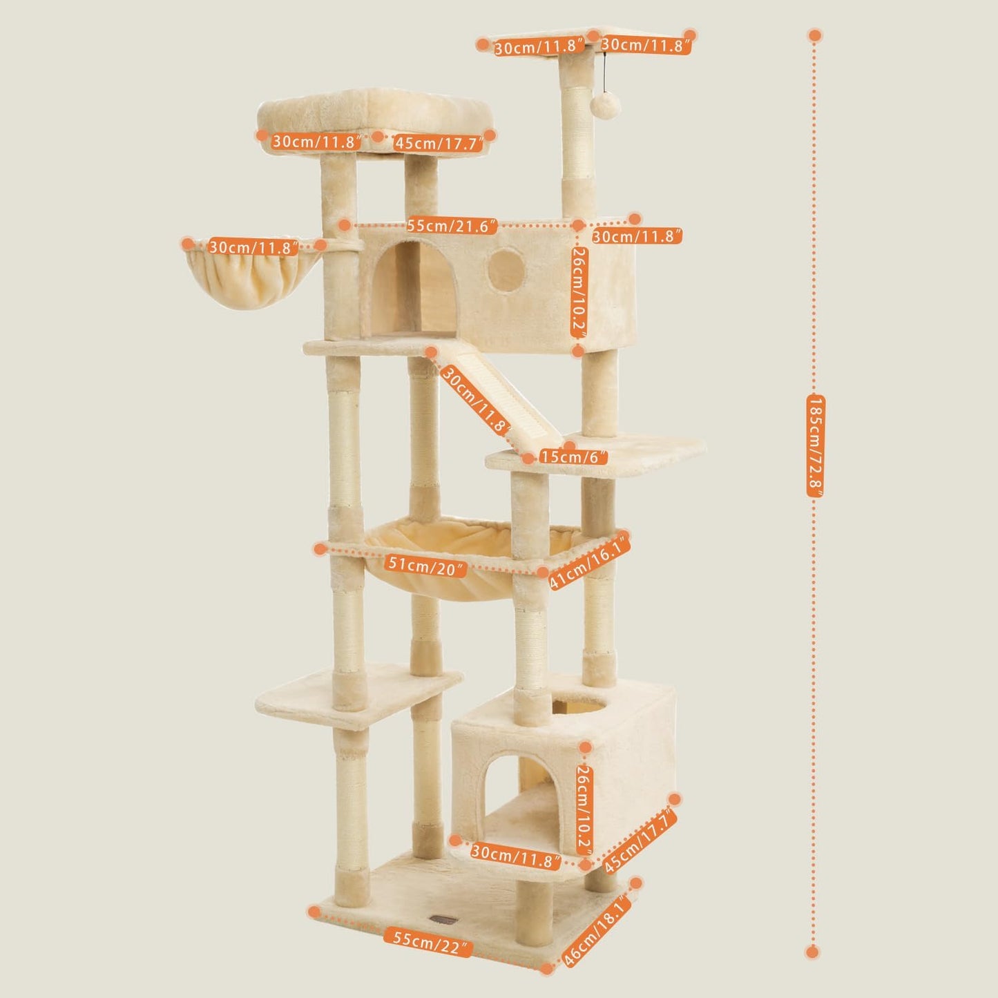 73 inches Large Cat Tree for Indoor Cats, Tall Cat Tower with Sisal Scratching Posts and Pads, Padded Plush Perch, Cozy Basket, Plush Condo for Large Cats (Beige)