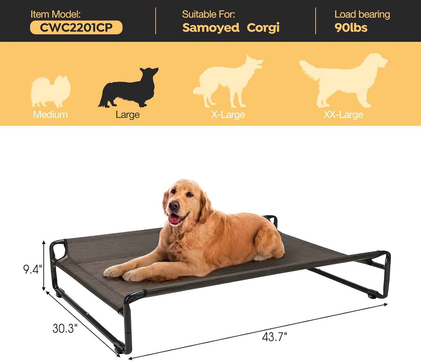 Veehoo Original Outdoor Elevated Dog Bed, Cooling Raised Dog Cot for Large Dogs, Portable Standing Pet Hammock Platform with Washable Breathable Mesh, No-Slip Feet, Large, Brown, CWC2201