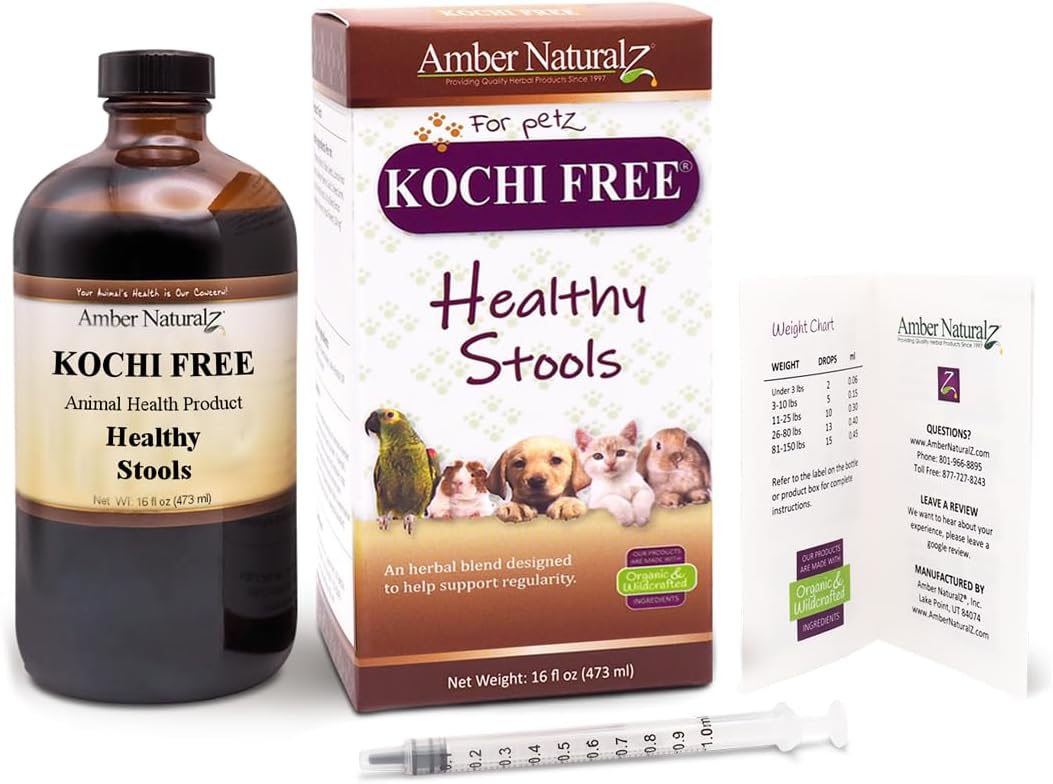 Amber NaturalZ Kochi Free Herbal Supplement for Dogs, Cats, Birds, Rabbits, and Guinea Pigs | Supports Healthy Bowel Function | Natural Aid for Digestive Balance | 16 Fluid Ounce Glass Bottle