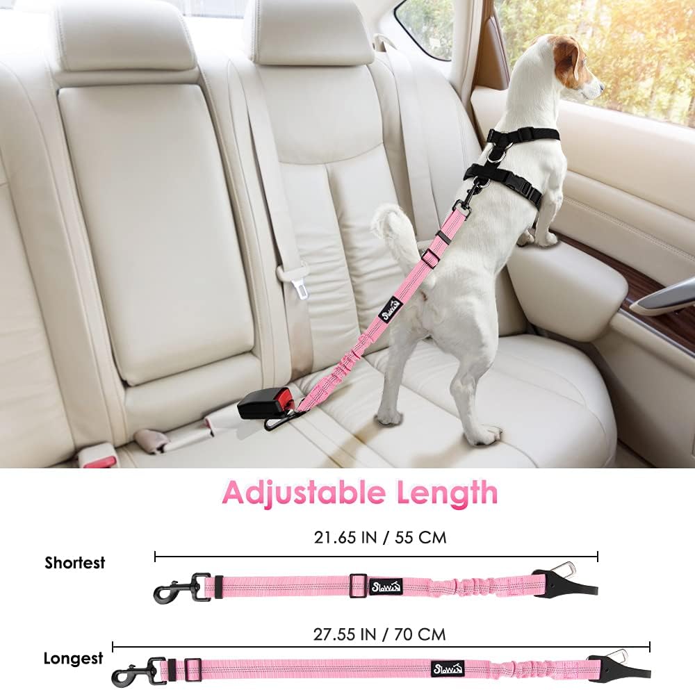 SlowTon Dog Seat Belt, Adjustable Dog Safety Belt Leash, 2 in 1 Latch Bar Attachment Dog Car Seatbelt with Elastic Nylon Bungee Buffer, Reflective Nylon Belt Tether Connect to Dog Harness (Pink)