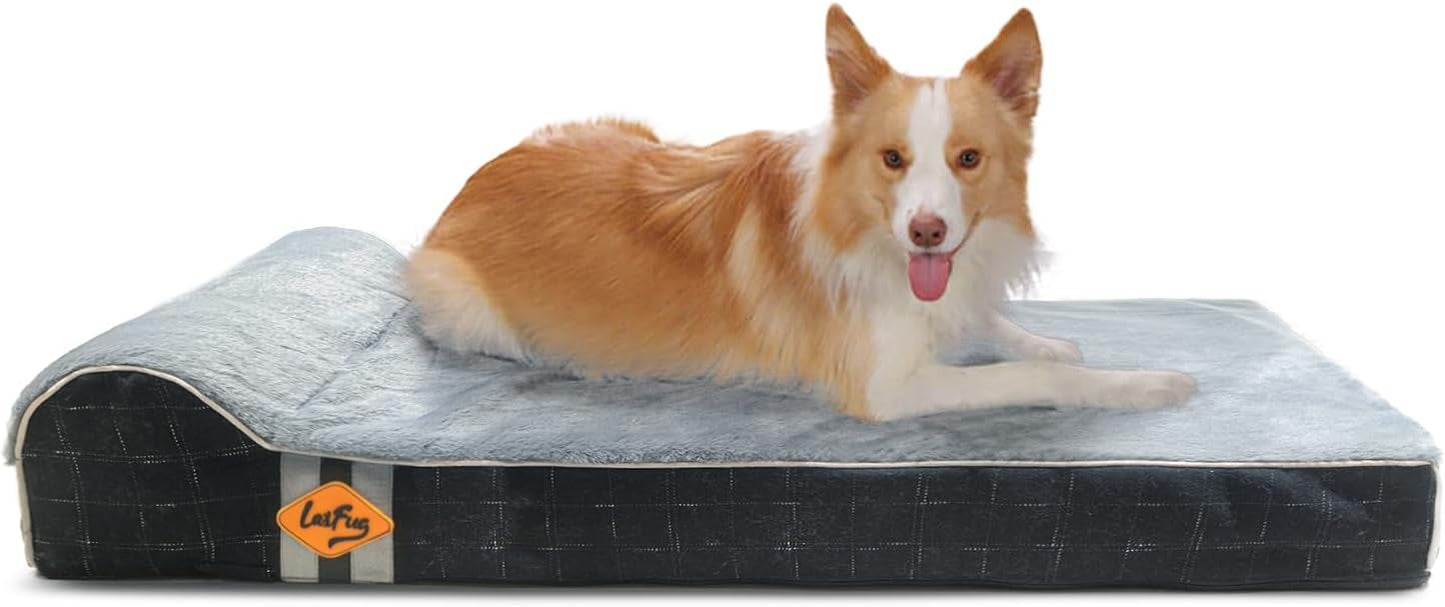 Laifug Orthopedic Memory Foam Extra Large Dog Bed with Pillow and Durable Water Proof Liner & Removable Washable Cover & Smart Design (Large (46"x28"x8"), Black Grid Gray)