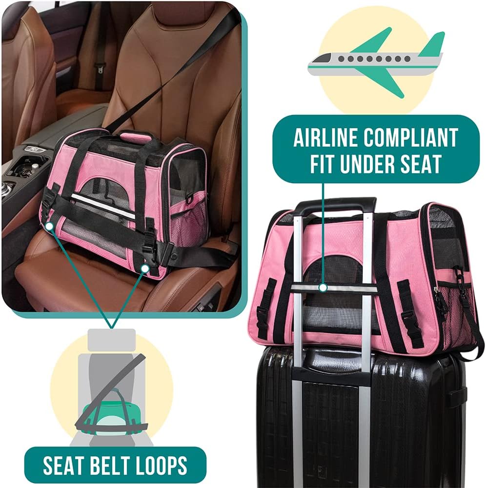 PetAmi Airline Approved Pet Carrier for Cat, Soft Sided Dog Carrier for Small Dogs, Cat Travel Supplies Accessories for Indoor Cats, Ventilated Pet Carrying Bag Medium Large Kitten Puppy, Small Pink