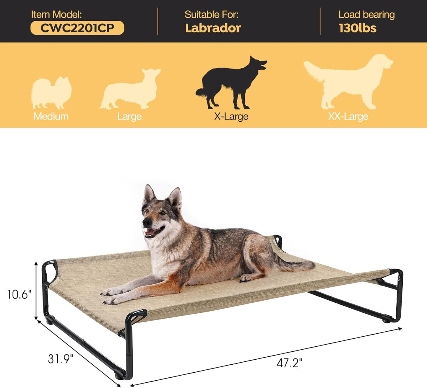 Veehoo Original Outdoor Elevated Dog Bed, Cooling Raised Dog Cot for Large Dogs, Portable Standing Pet Hammock Platform with Washable Breathable Mesh, No-Slip Feet, X-Large, Beige Coffee, CWC2201