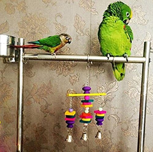 Hypeety Parrot Hanging Swing Bells Chew Toy Colorful Hanging Wood Block Natural Birds Toy for Parrot Macaw African Greys Cockatiels Budgies Conure Cage