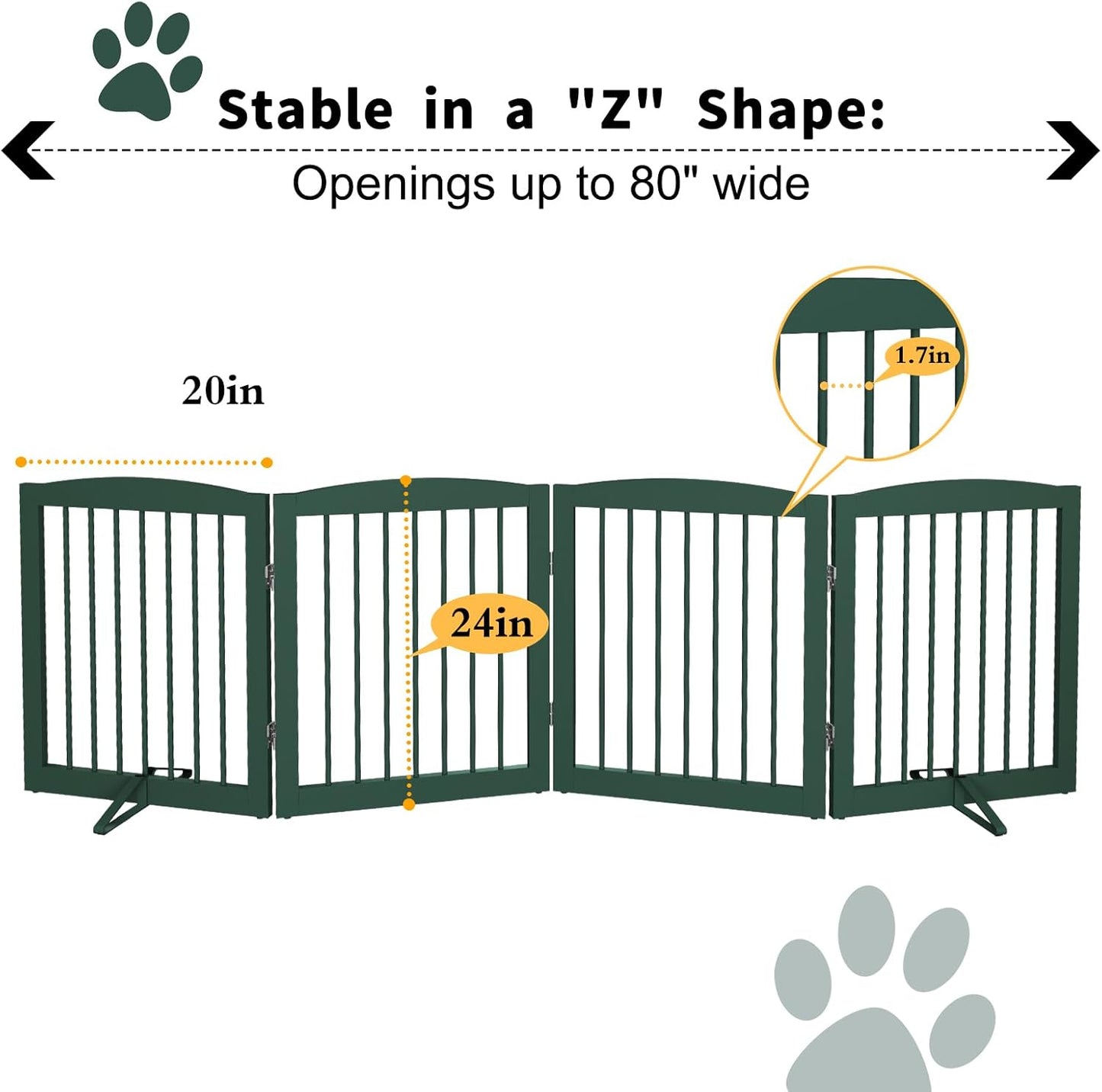 Freestanding Pet Gate for Dogs, Foldable Wooden Dog Gate for House, Indoor Dog Gate for Stairs, Doorways, Step Over Pet Puppy Safety Fence, 80 Inch Wide, 4 Panels 24", Green