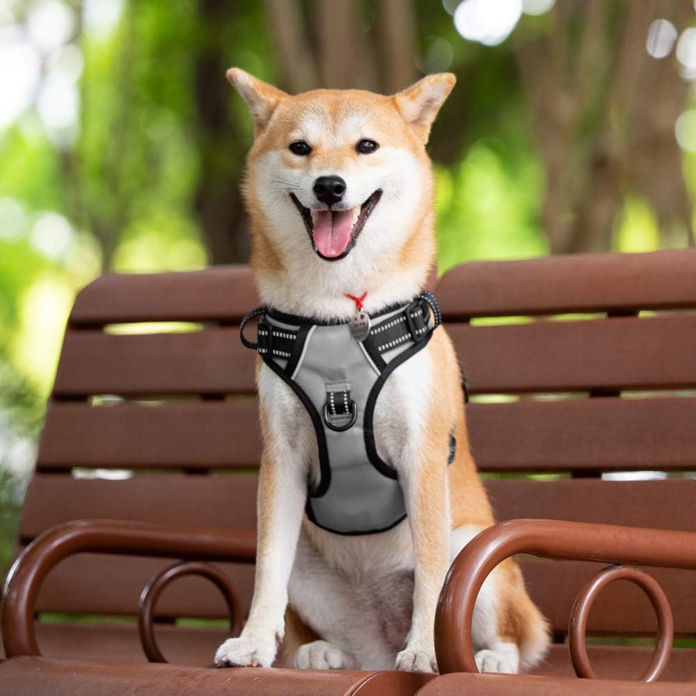 PoyPet No Pull Dog Harness, Reflective Comfortable Vest Harness with Front & Back 2 Leash Attachments and Easy Control Handle Adjustable Soft Padded Pet Vest for Small to Large Dogs (Gray,M)