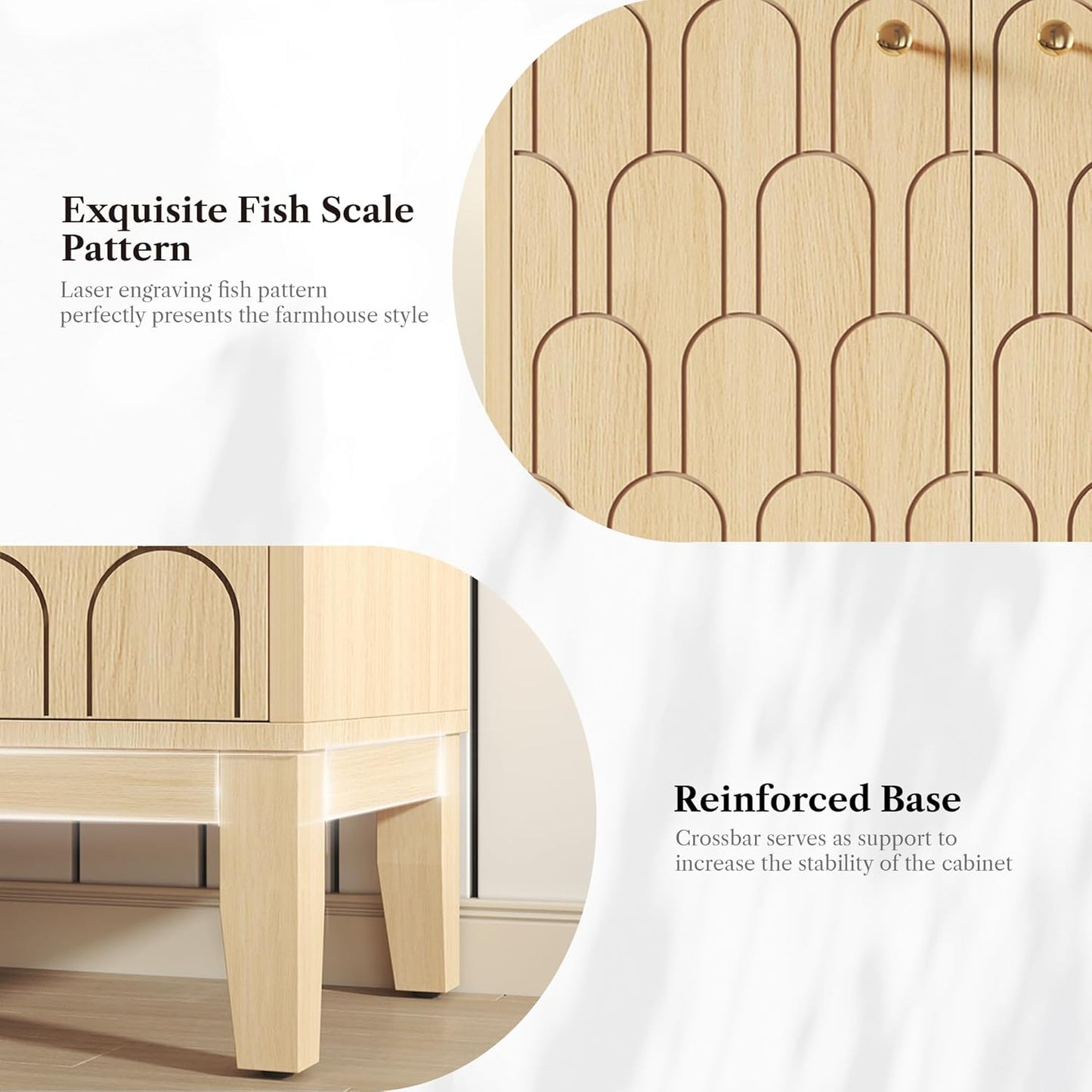 Farmhouse Storage Cabinet, Modern Buffet Sideboard with Doors, Fish Scale Pattern, Boho Cabinet for Dining Room, Natural, 2 Pieces