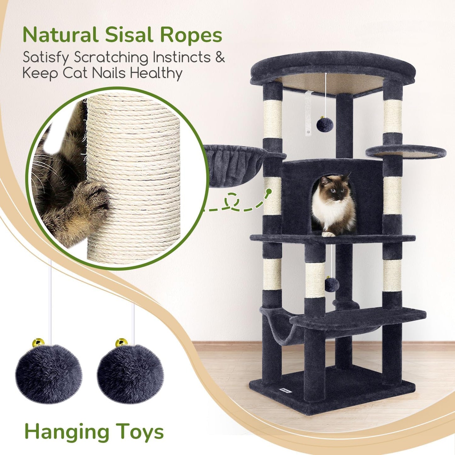 Globlazer Corner Cat Tree Tower for Indoor Cats, 51in Multi-Level Cat Condo Tower with Large Hammock, 7 Sisal Scratching Posts, Oversized Top Perch, Spacious Cat Cave, Hanging Basket, C51, Dark Grey