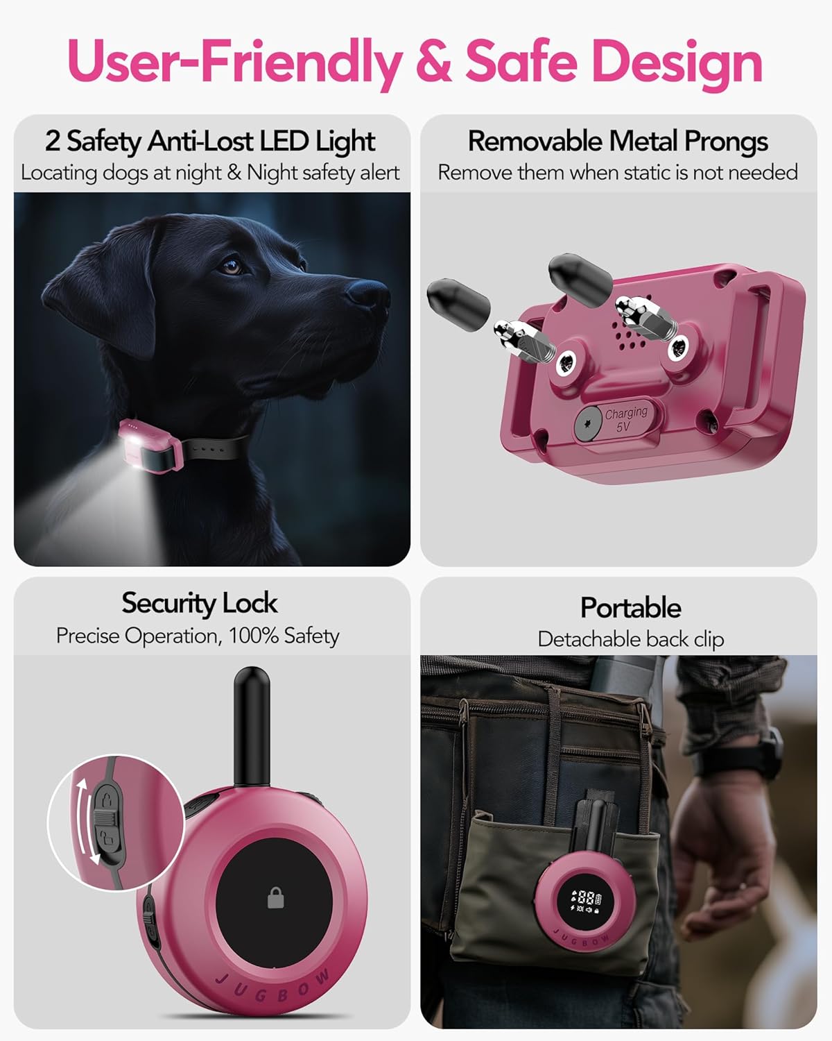 Jugbow Dog Training Collar - 3/4 Mile Remote Dog Shock Collar with 3 Training Modes, Electric Collars with LED Light & Security Lock, IPX8 Waterproof Rechargeable E-Collar for Large Medium Dogs (Pink)