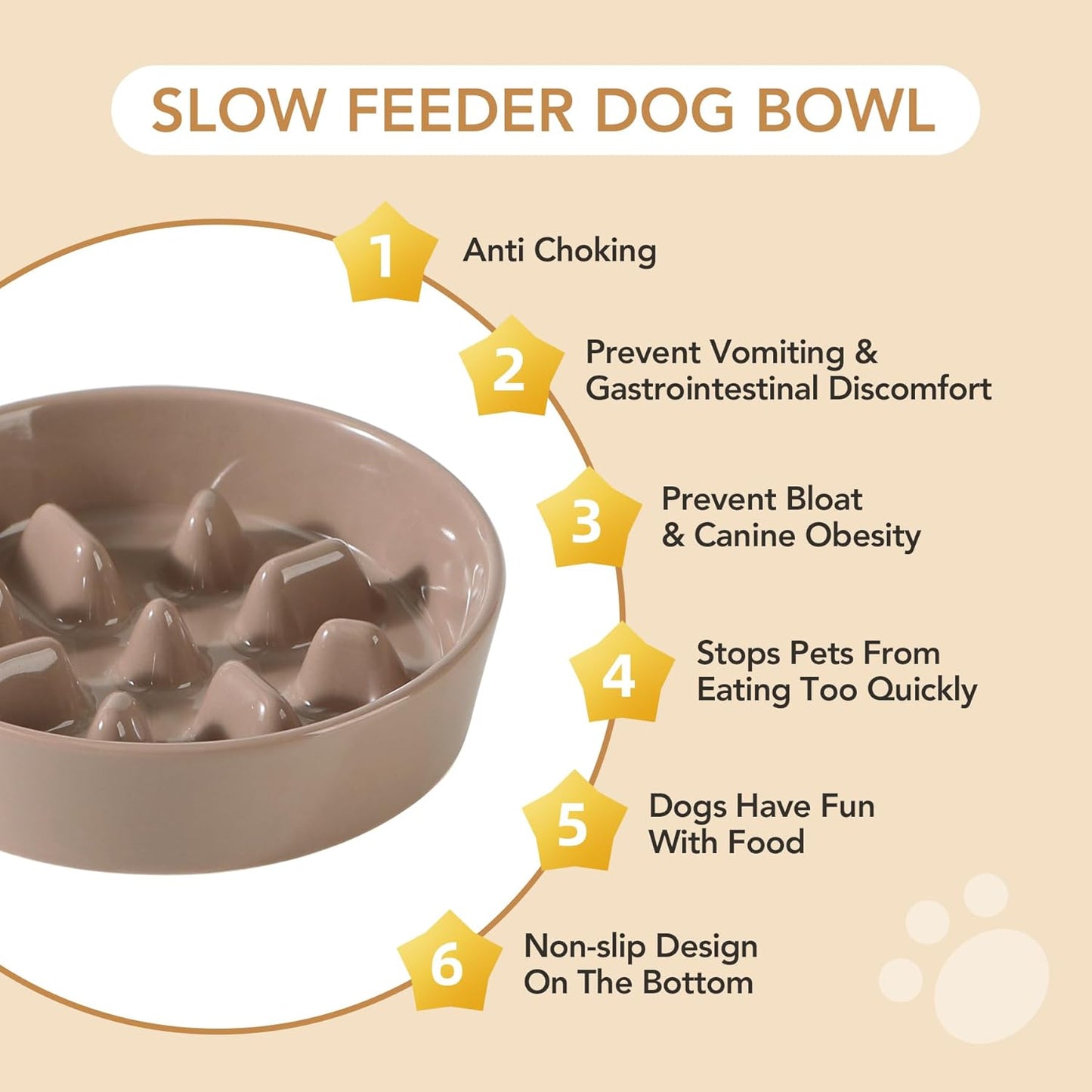 6.1inch Ceramic Dog Raised Slow Feeder Set, Elevated Bowl with Wooden Stand for Small Dog, Pet Slow Feeder Dish for Fast Easters, Anti-Gulping (Brown Coffee, Single Bowl+ Stand)