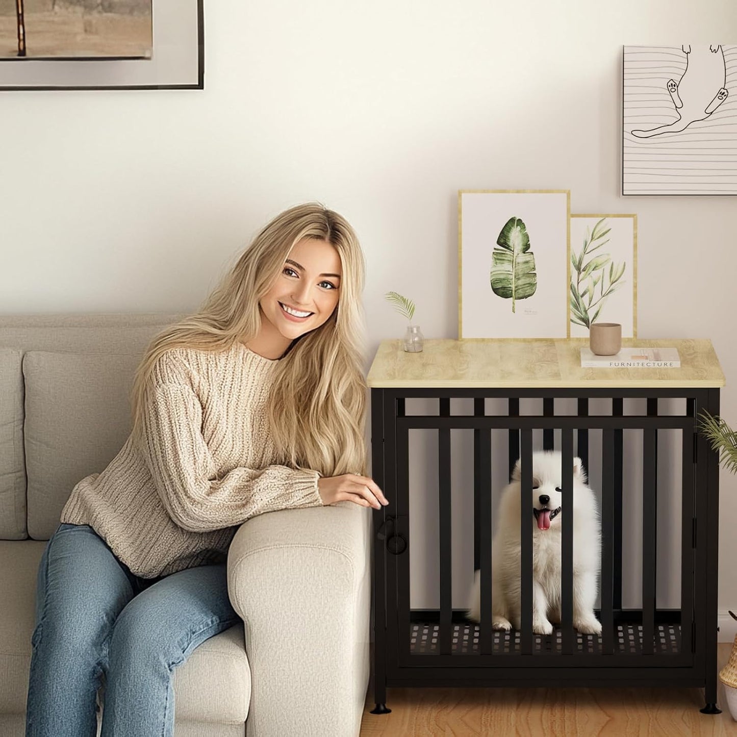 Heavy Duty Dog Crate Furniture, Dog Kennel Indoor, Anti-Chew Anti-Escape End Side Table Wooden Dog Crate for Small Dog(Fir Green)