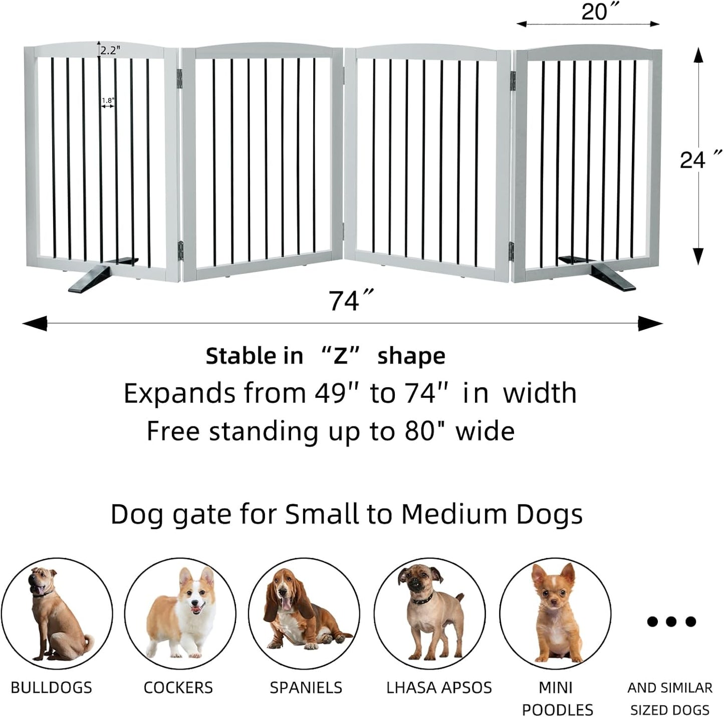 Freestanding Panel Dog Gate for Indoor, Doorways, Stairs, or Hallways - Foldable Wooden Pet Fence With Support Feet - 24" Height, 4 Panels, White