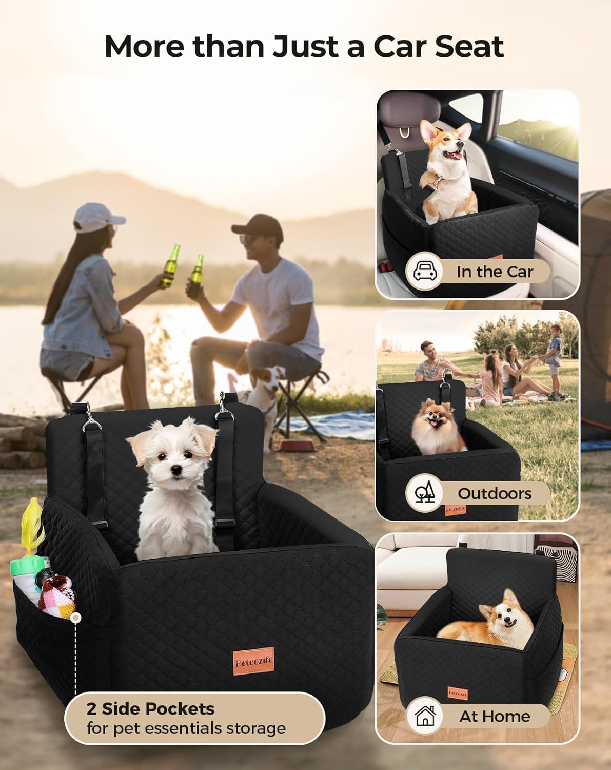 Dog Car Seat for Small & Medium Dogs Under 35lbs, Detachable & Washable Pet Car Seat, Interior Height 6 Inches Pet Travel Bed with Storage Pockets and 2 Dog Safety Belts (Black)