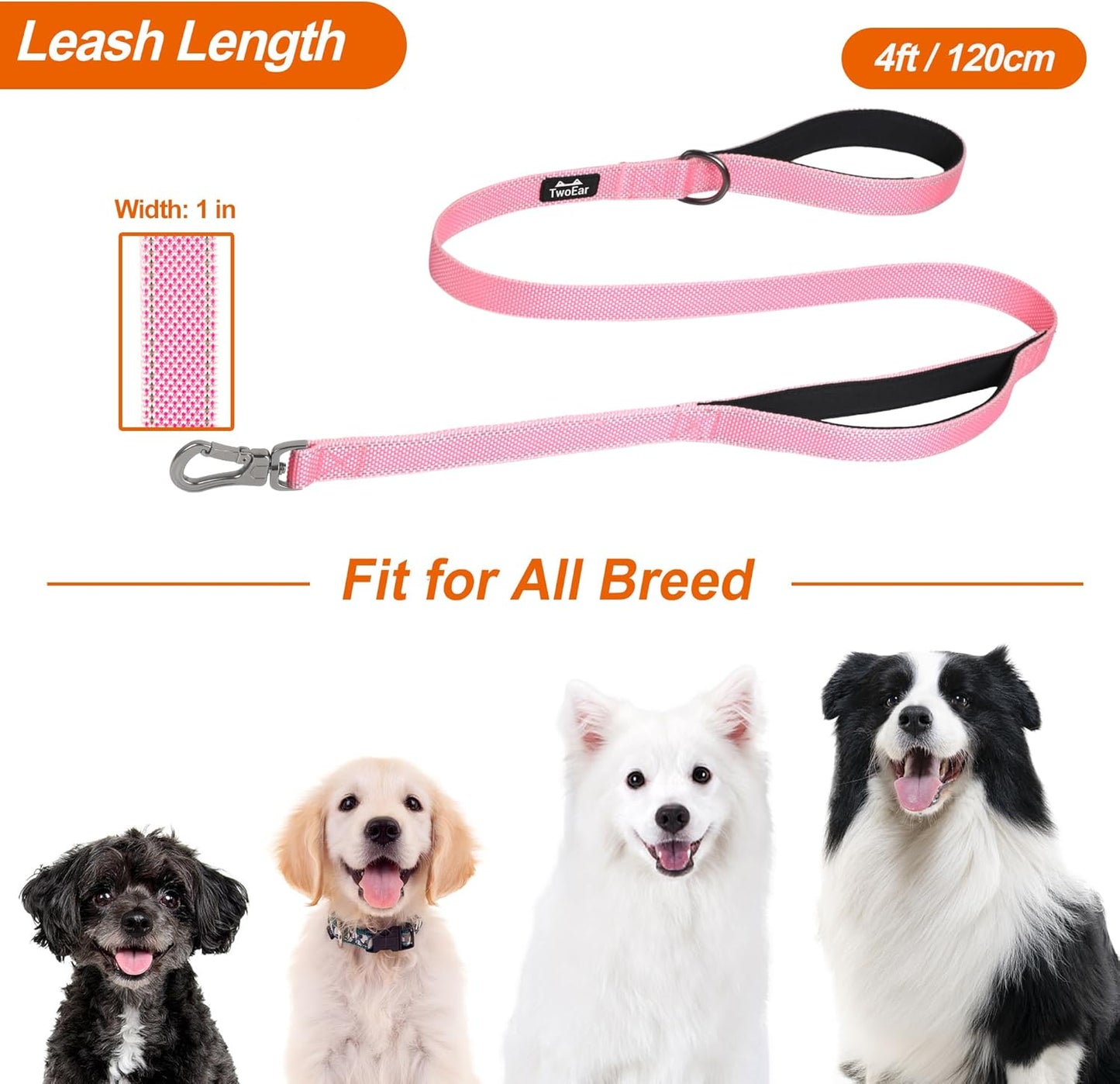 TwoEar 4FT 1IN Strong Pink Dog Leash with 2 Padded Handles, Traffic Handle Extra Control, Comfortable Soft Dual Handle, Auto Lock Hook, Reflective Walking Lead for Small Medium and Large Dogs