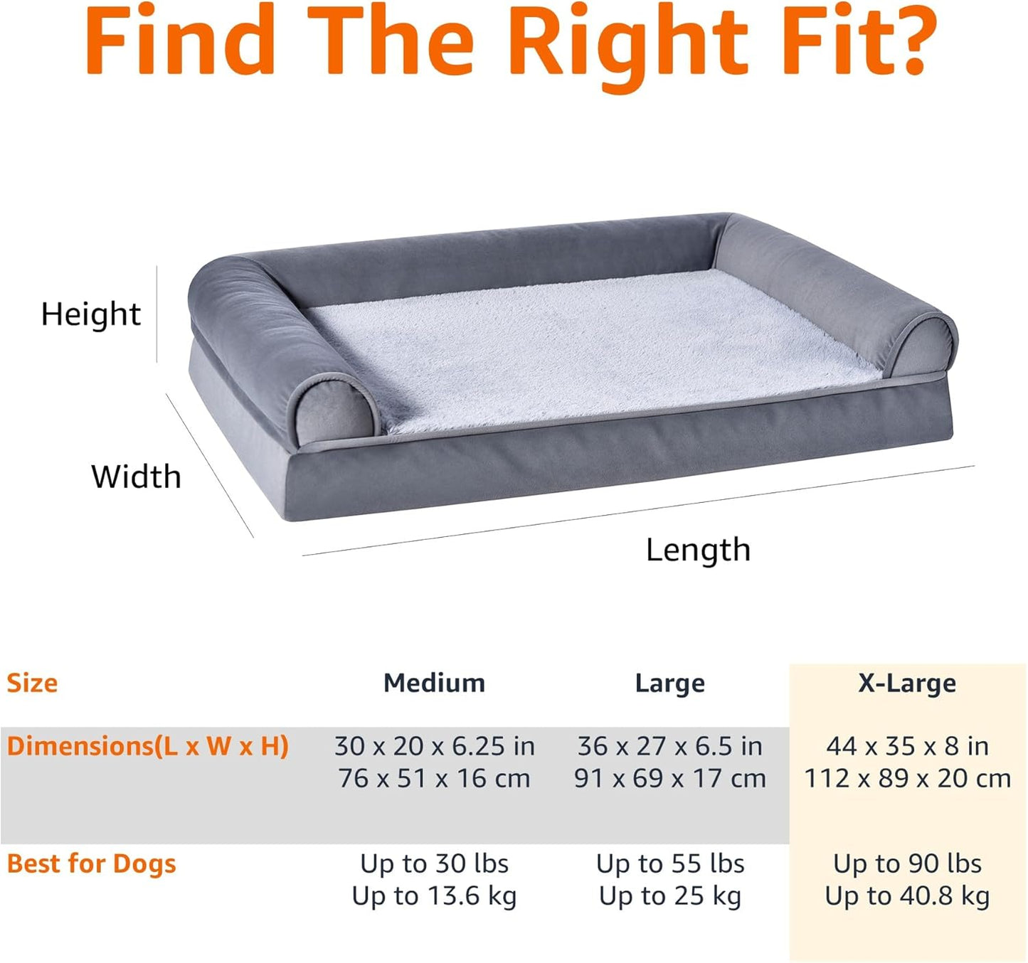 Amazon Basics Living Room Couch Dog Bed with Premium Foam, Pressure-Relief Support for Dogs up to 90lbs, Machine Washable Cover, Extra Large Sized (44" x 35"), Grey