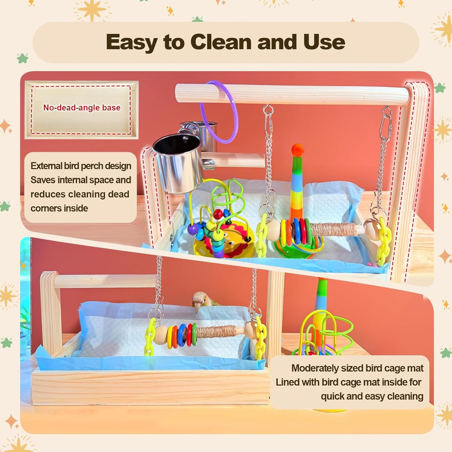 Mini Wood Bird Playground Birds Perch Stand Desktop Parrot Play Stand Parrot Tree with Feeder Cups Hanging Swing Toys and Foraging Toys Parakeet Play Gym for Budgie Cockatiel Conure Lovebird