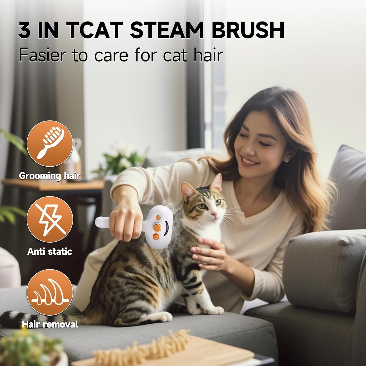 3-in-1 Pet Steam Brush Set for Dogs & Cats, Grooming Comb with Spray, Defur Tool, Water-Assisted Hair Removal, Gentle Cat & Dog Spritz Brush, Multi-Purpose Steam Grooming