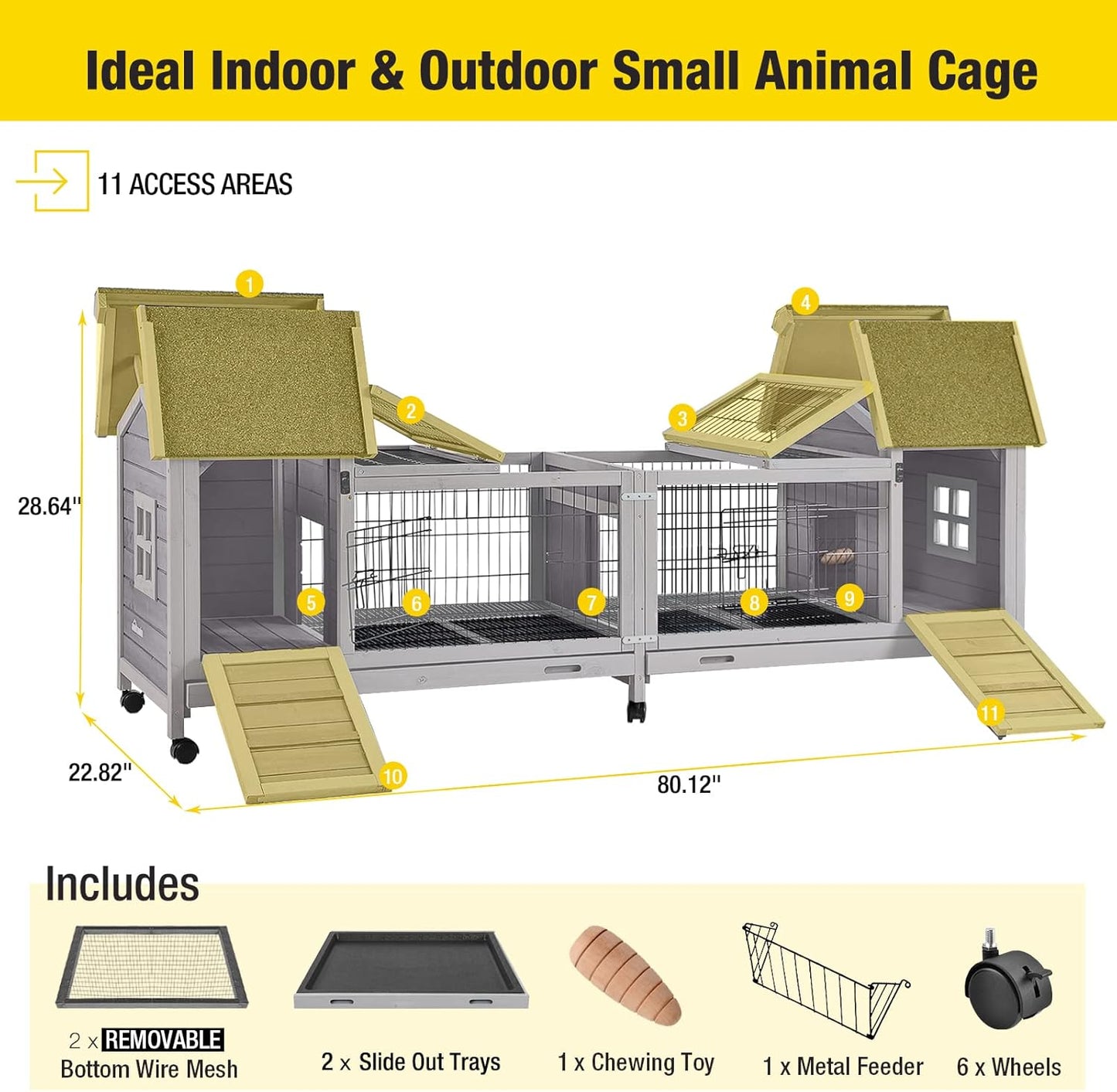 Aivituvin Rabbit Hutch Bunny Cage with Double House and Run Indoor Outdoor Guinea Pig House with Deeper No Leak Trays and Wheels