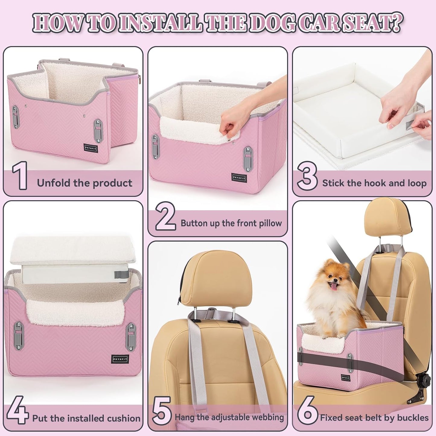 PETSFIT Dog Car Seats for Small Dogs, Portable Puppy Car Saet for Car with Clip-On Leash, Adjustable Straps Suitable for Small Pets Up to 25lbs (Light Pink)