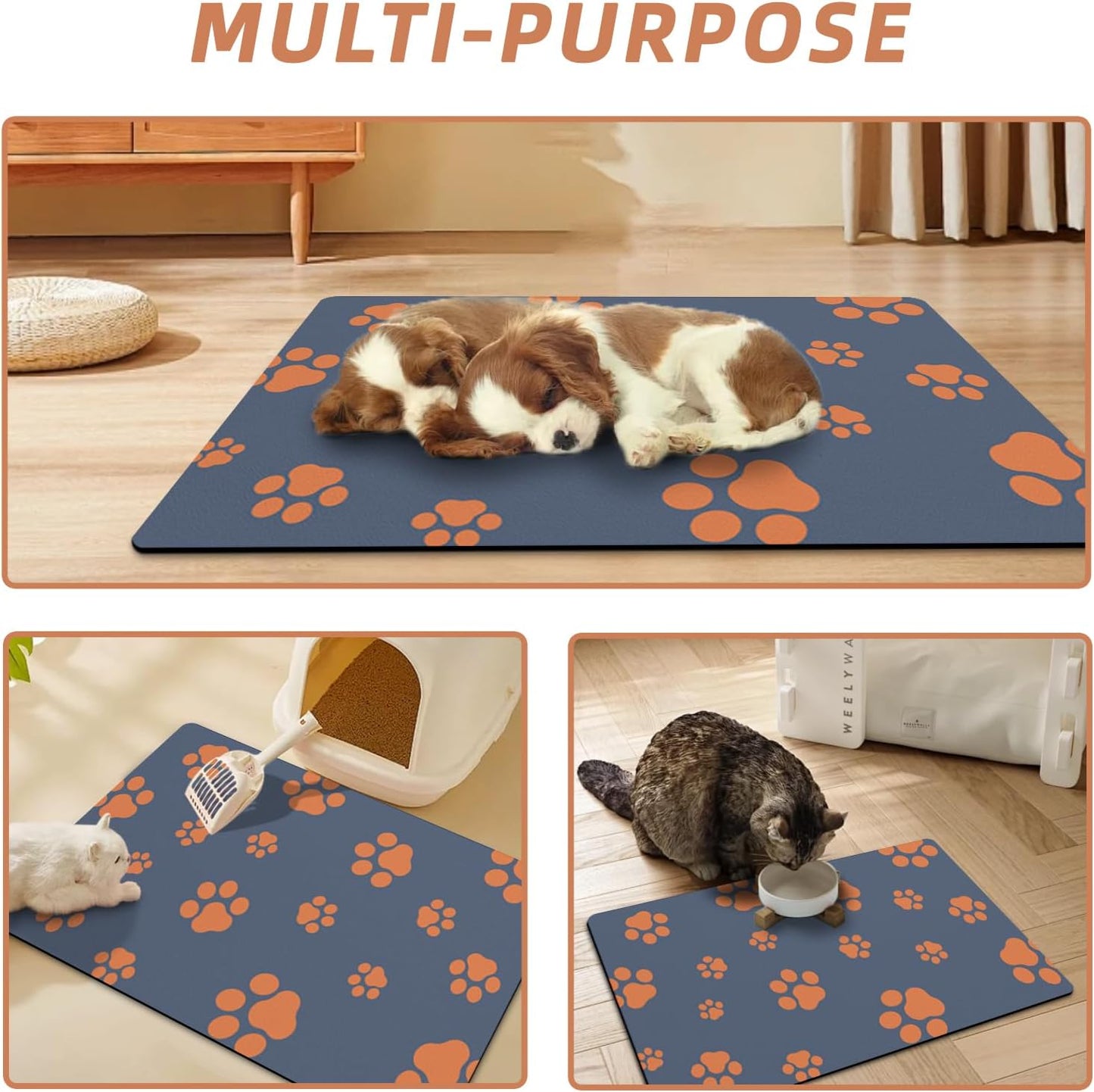 12"×20" Dog Food Mat-Absorbent Mat for Food and Water No Stains Quick Dry Cat Bowl Mat Non Skid Dog Feeding Mat with Footprints for Messy Drinkers Blue
