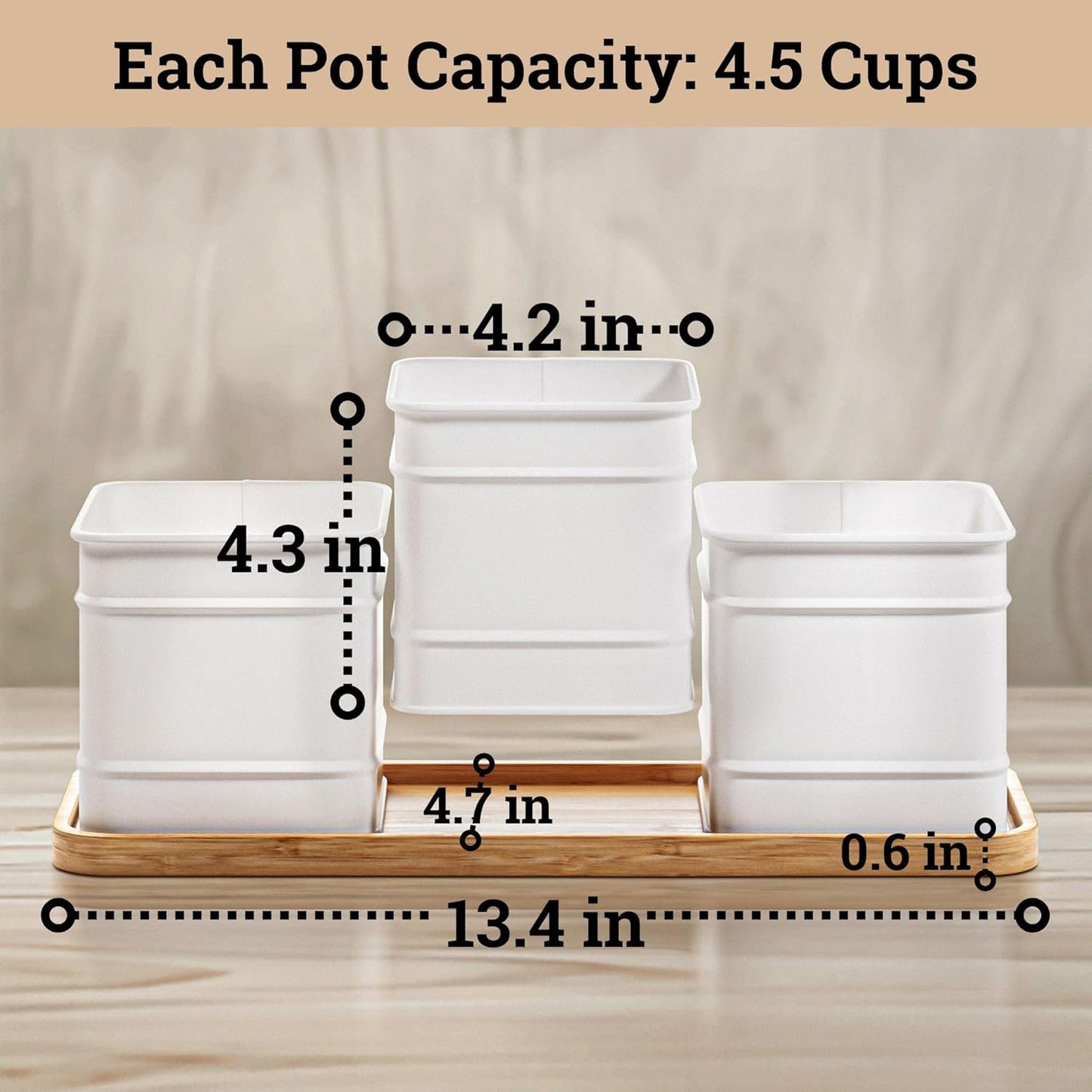 Herb Planter Indoor - 3 Iron Herb Pots with Drainage Holes, Varnished Bamboo Tray, Customizable Labels & Marker Pen - Indoor Herb Garden Planter - 3 Pots for Herbs - Inside Spice Garden - Basil Pot
