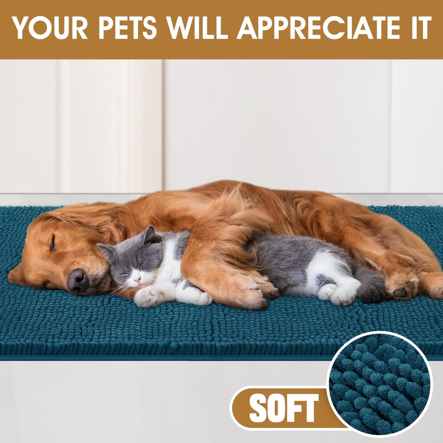 Extra Large Dog Door Mats for Muddy Paws, Chenille Absorbent Dog Mats, Non Slip Heavy Mud Mat for Dogs, Soft Pet Mat for Entryway, Mud Paws, Inside Floor,71" x 25", Teal Blue