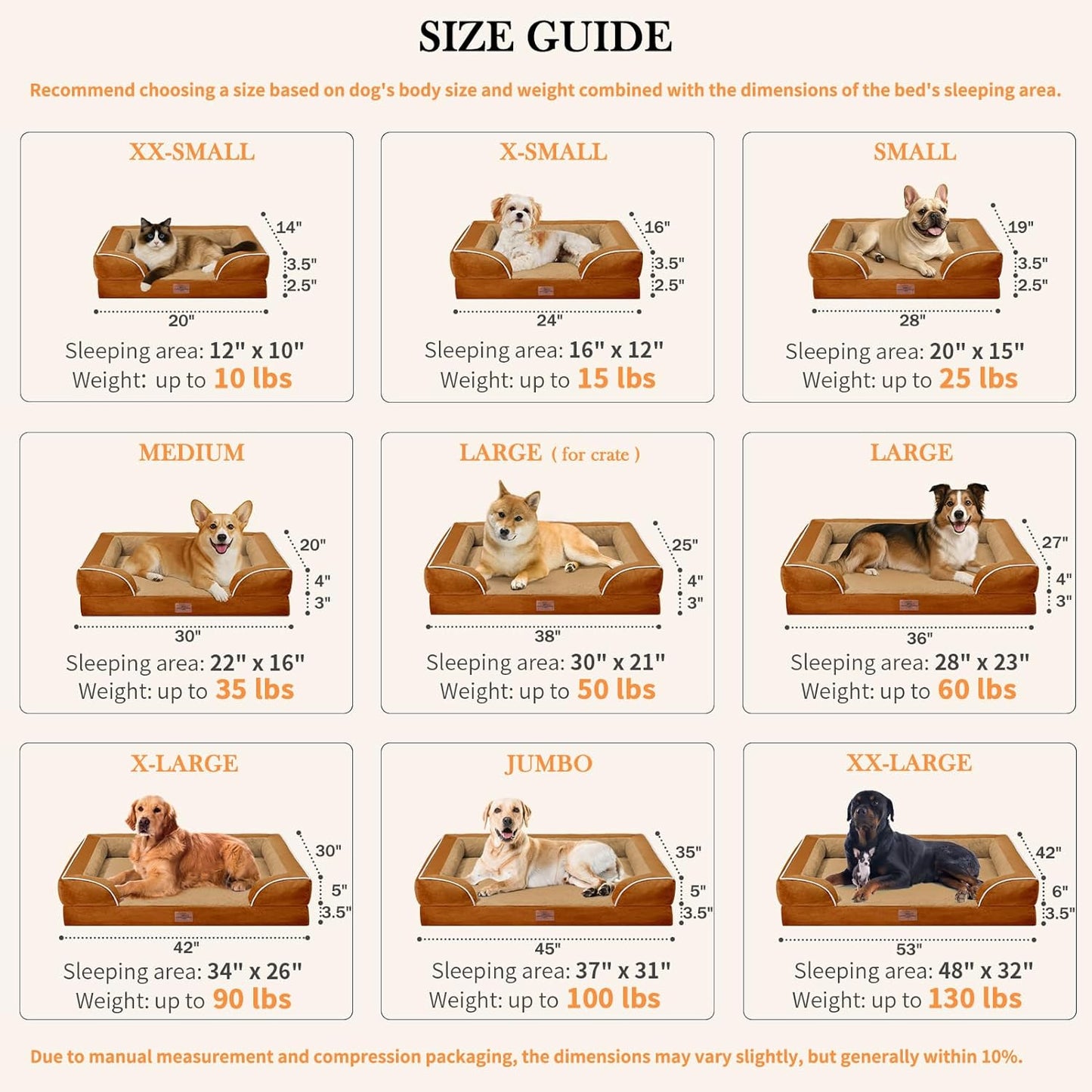 Comfort Expression XL Orthopedic Dog Beds, Waterproof Extra Large Dog Beds with Bolster, Washable Pet Sofa Couch with Removable Cover & Non-Slip Bottom(X-Large,Caramel)