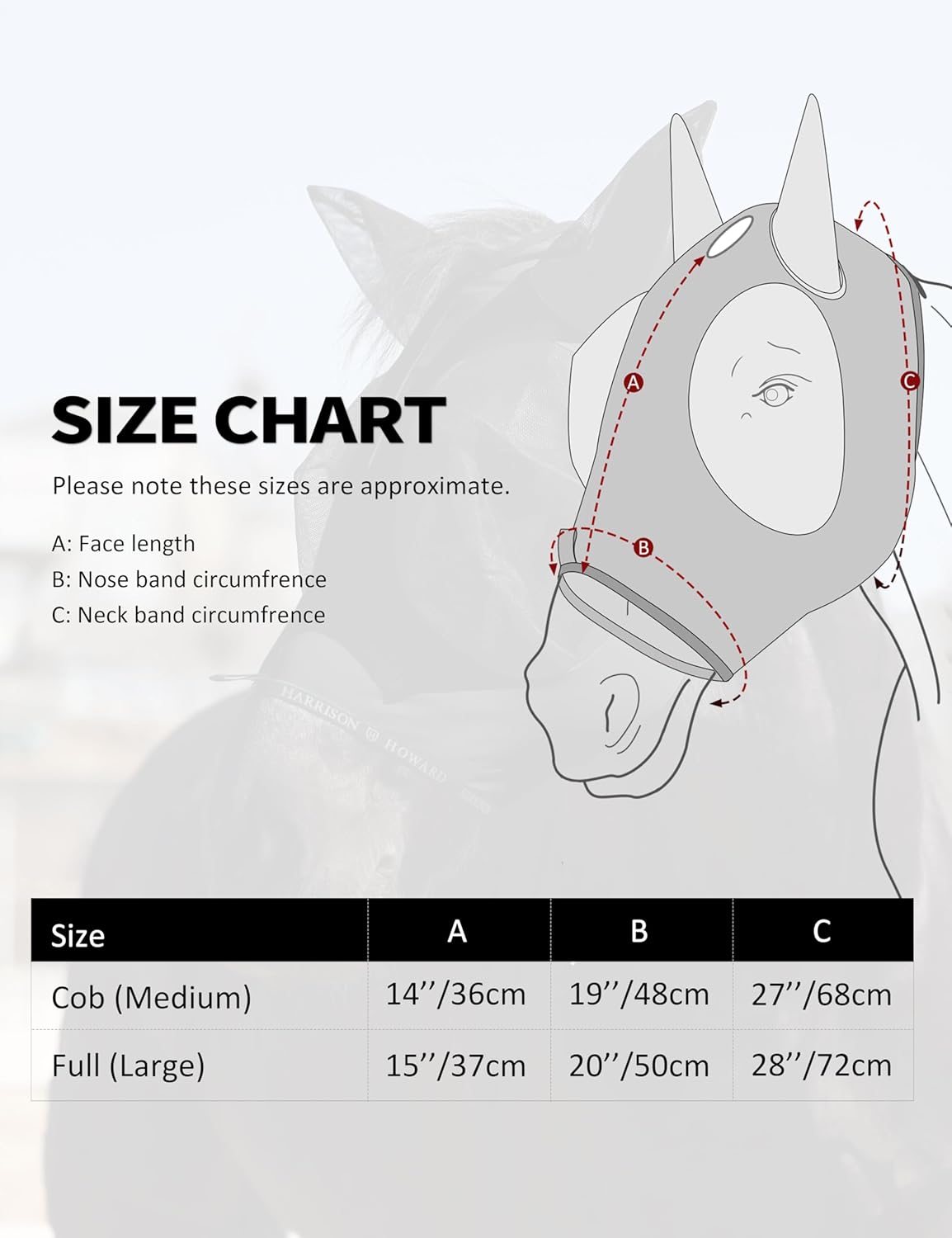 Harrison Howard Horse Fly Mask with Forelock Opening Stretch Breathable and Comfortable for Horses UV -Protection Black L