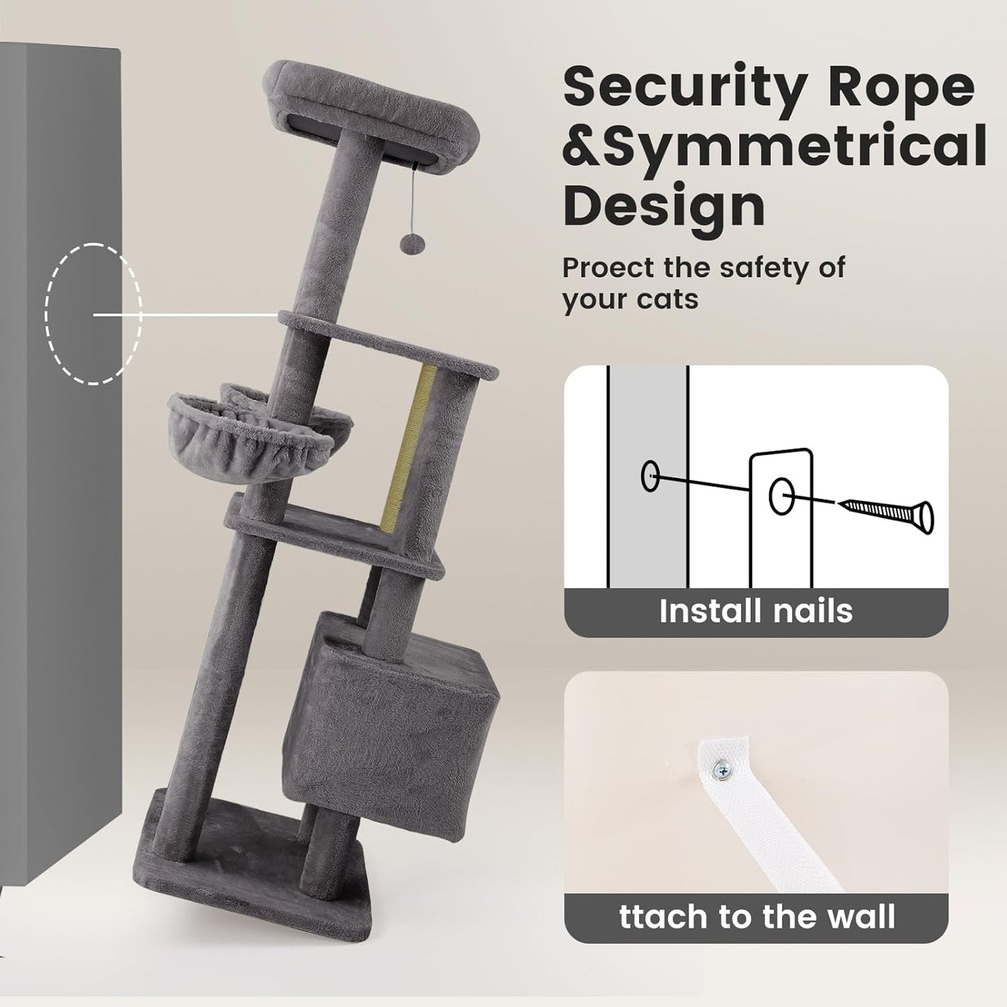 Gardner Pet 65in Heavy Duty Cat Tree Tower for Large Cats, Multi-Level Cat Furniture with Replaceable Sisal Scratching Post, Hammock | Extra-Large Platform & Condo (Grey)