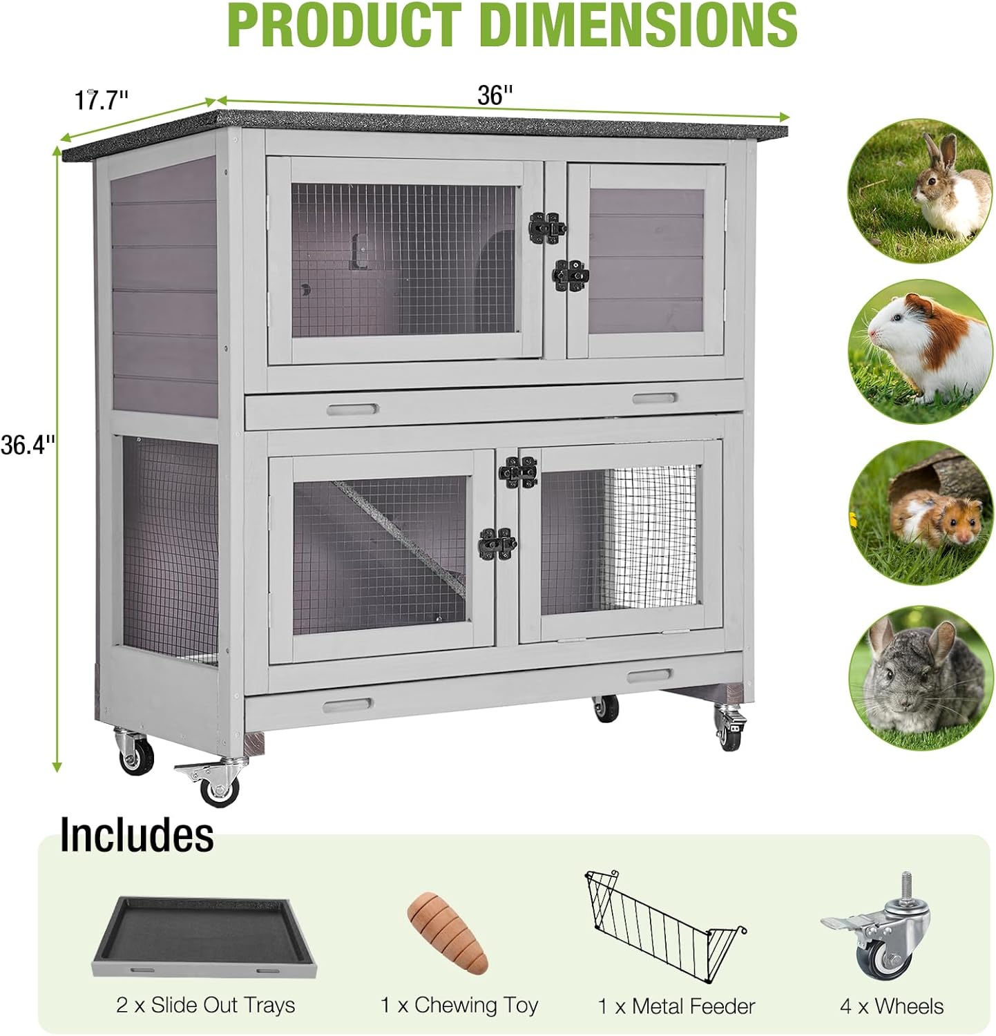 GUTINNEEN Rabbit Hutch Indoor with Chew-Proof Design, Wooden Bunny Cage Outdoor Guinea Pig Cages with Wheels, Leak-Proof Trays for Rabbits, Guinea Pigs, Small Animals