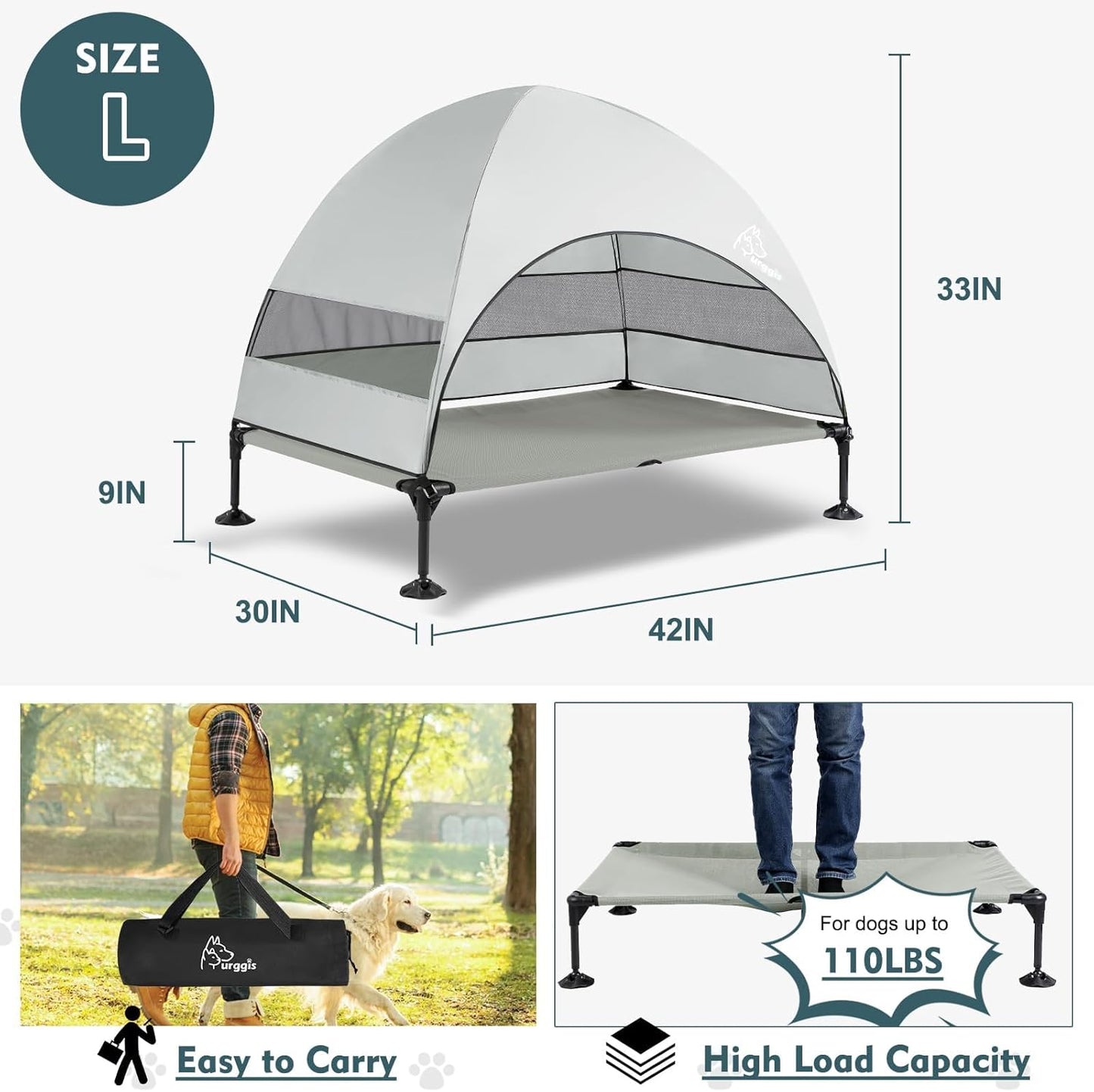 Upgraded Elevated Dog Bed with Canopy, Portable Raised Outdoor Dog Bed with Stable Anti-Slip Feet, Removable Wider Shade, Raised Dogs Cot for Large Pets Camping, Indoor & Outdoor Use