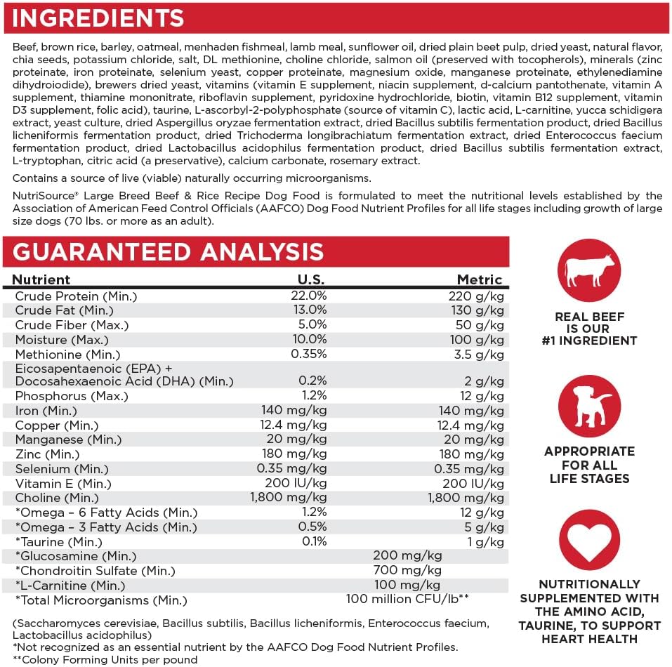 NutriSource Dry Dog Food for Large Breeds, Beef and Rice, 26LB
