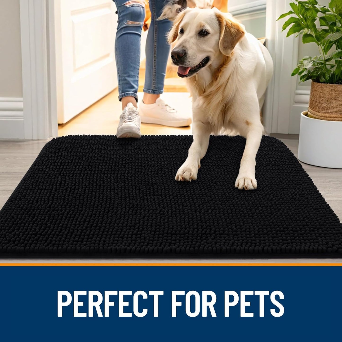 OLANLY Dog Door Mat for Muddy Paws 70x46, Absorbs Moisture and Dirt, Absorbent Non-Slip Washable Doormat, Quick Dry Chenille Mud Mat for Dogs, Entry Indoor Entryway Carpet for Inside Floor, Black
