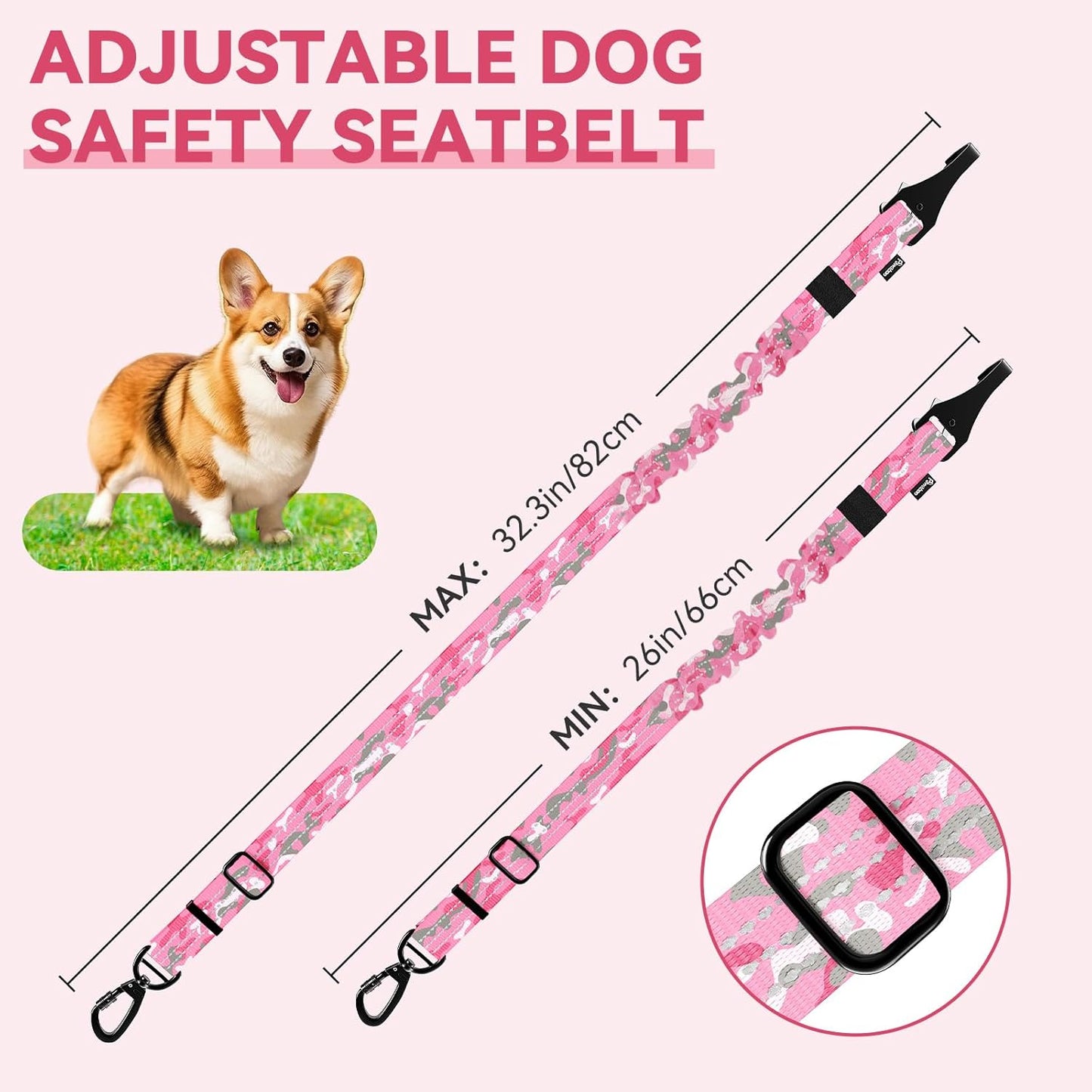 Pawaboo Dog Seatbelt for Car, 3-in-1 Dog Seat Belt Bungee, Shockproof Dogs Tether with Buckle & Hook Latch, Adjustable Reflective Dogs Cars Harness Leash with 360° Lockable Buckle, Pink Camouflage