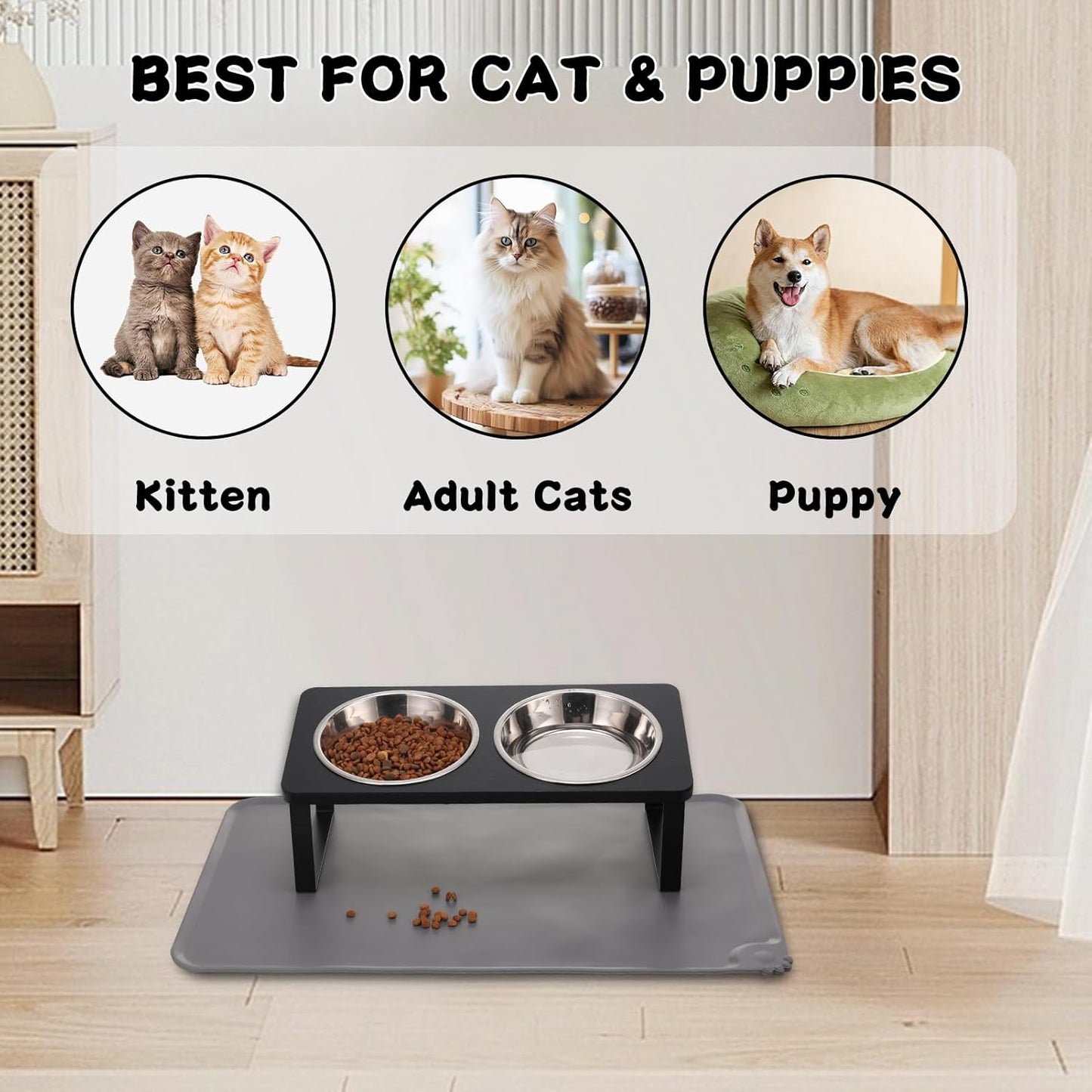 Upgraded Elevated Cat Bowls with Food Mat,15°Tilted Stand Anti Vomiting Raised Cat Dishes for Food and Water,2 Stainless Steel Bowls for Cats and Puppy(Black)