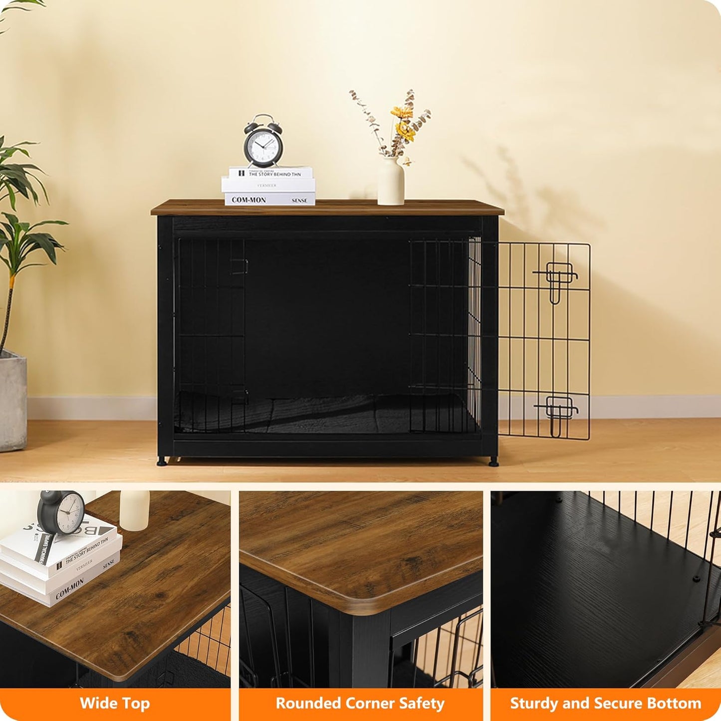 DWANTON Dog Crate Furniture with Cushion, Wooden Kennel Table with Double Doors, Indoor Dog House, Large Size, 38.5" L, Black+Warm Brown