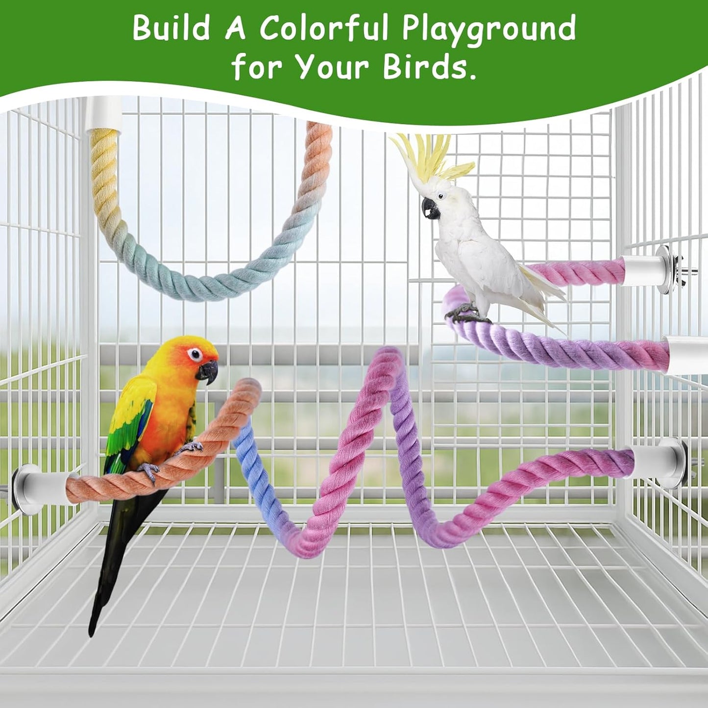 3 Pcs Bird Rope Perches Gradient Color, Bendable Parrot Bird Perch Rope Stand for Cage, Stand Climbing Stand Toy for Cockatiels, Lovebirds, Budgies, Parakeets (2 Short + 1 Long)