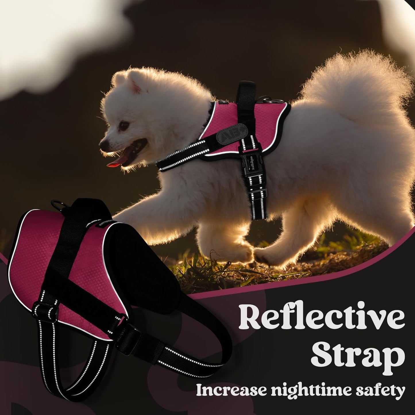 rabbitgoo Dog Harness Medium Sized, Easy On Pet Vest with One Buckle, No Pull Adjustable Service Harness with D-Ring & Handle, Reflective for Safety Walking, Training, Pink, M