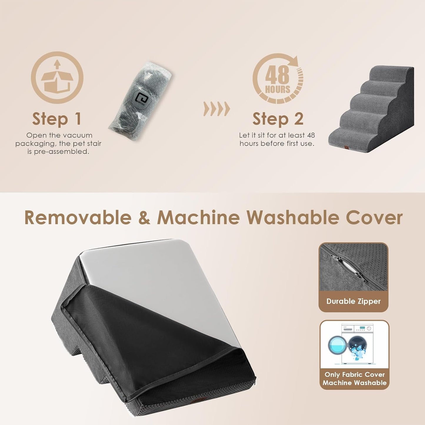 EHEYCIGA Curved Dog Stairs Ramp for High Beds, 5-Step Extra Wide Dog Steps for Small Dogs and Cats, Pet Stairs for High Bed Climbing, Non-Slip Balanced Pet Step Indoor, Grey