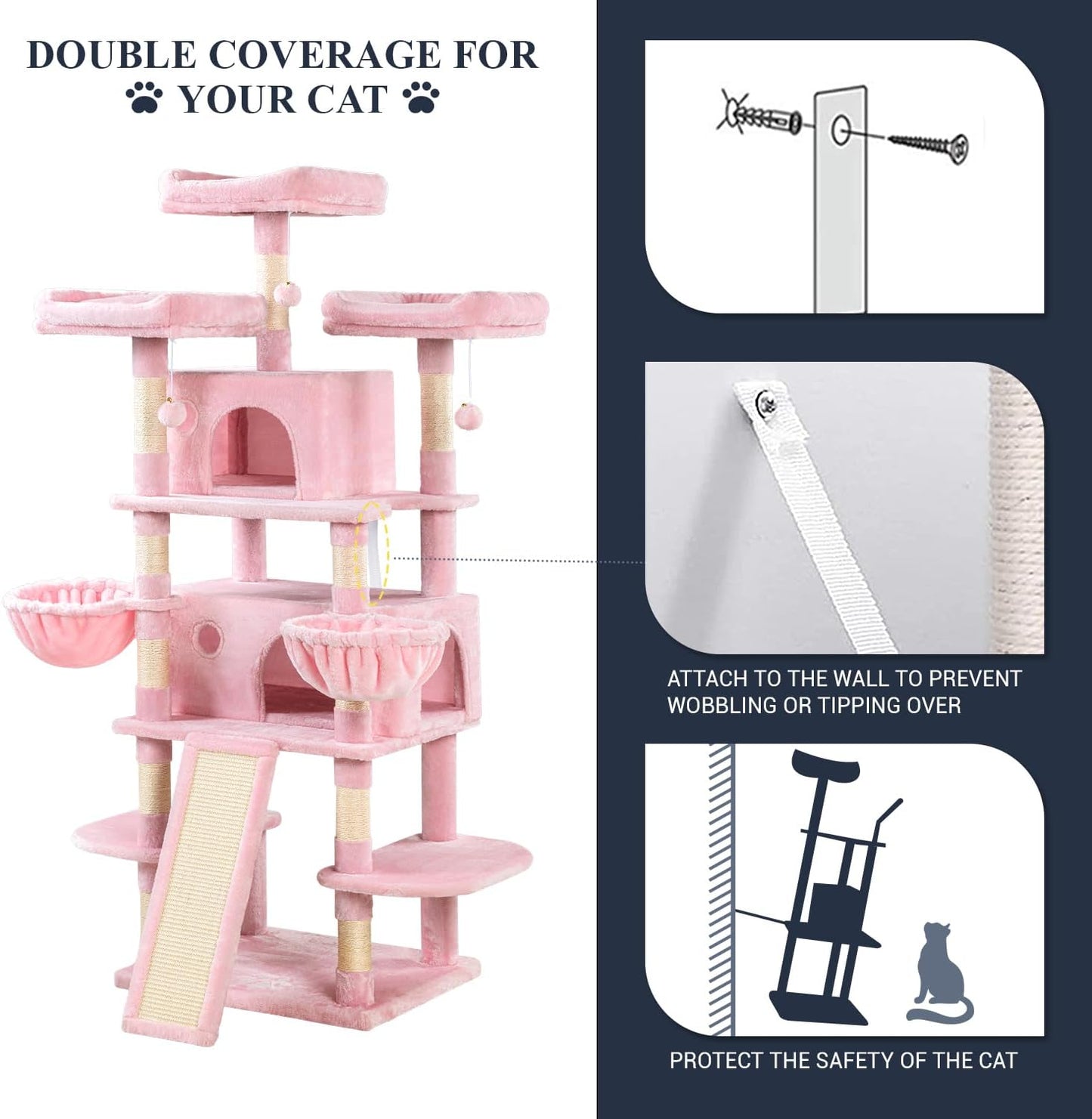 Allewie 68 Inches Cat Tree/House and Towers for Big Feline/Scratching Post/Multi-Level Large Kitty Climbing Tree with Condo/Pink