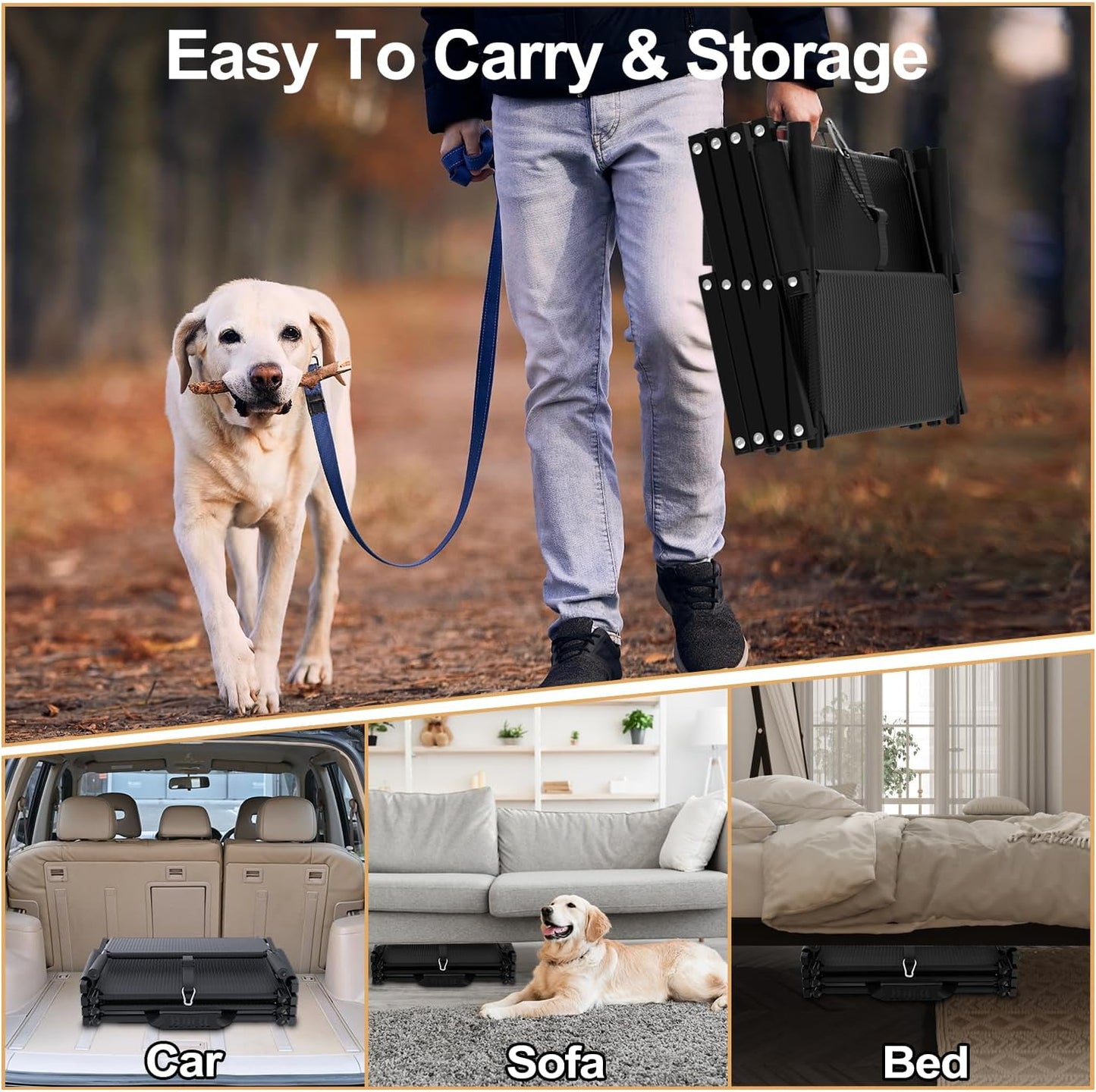 Extra Wide Dog Stairs for Large Dogs, Foldable Dog Ramp for Car with Non-Slip Surface, Lightweight Dog Stairs for Cars, Dog Steps for Cars, SUV, High Beds, Truck, Supports up to 250 lbs, 4 Steps