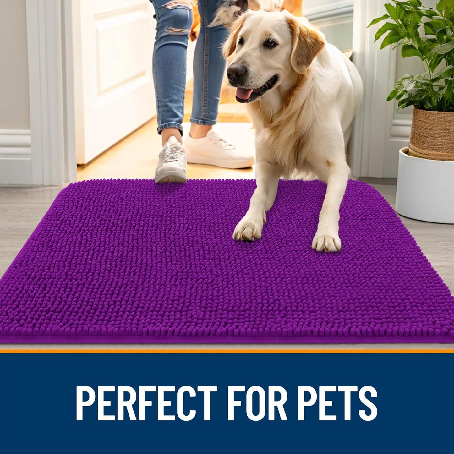 OLANLY Dog Door Mat for Muddy Paws 47x20, Absorbs Moisture and Dirt, Absorbent Non-Slip Washable Doormat, Quick Dry Chenille Mud Mat for Dogs, Entry Indoor Entryway Carpet for Inside Floor, Purple