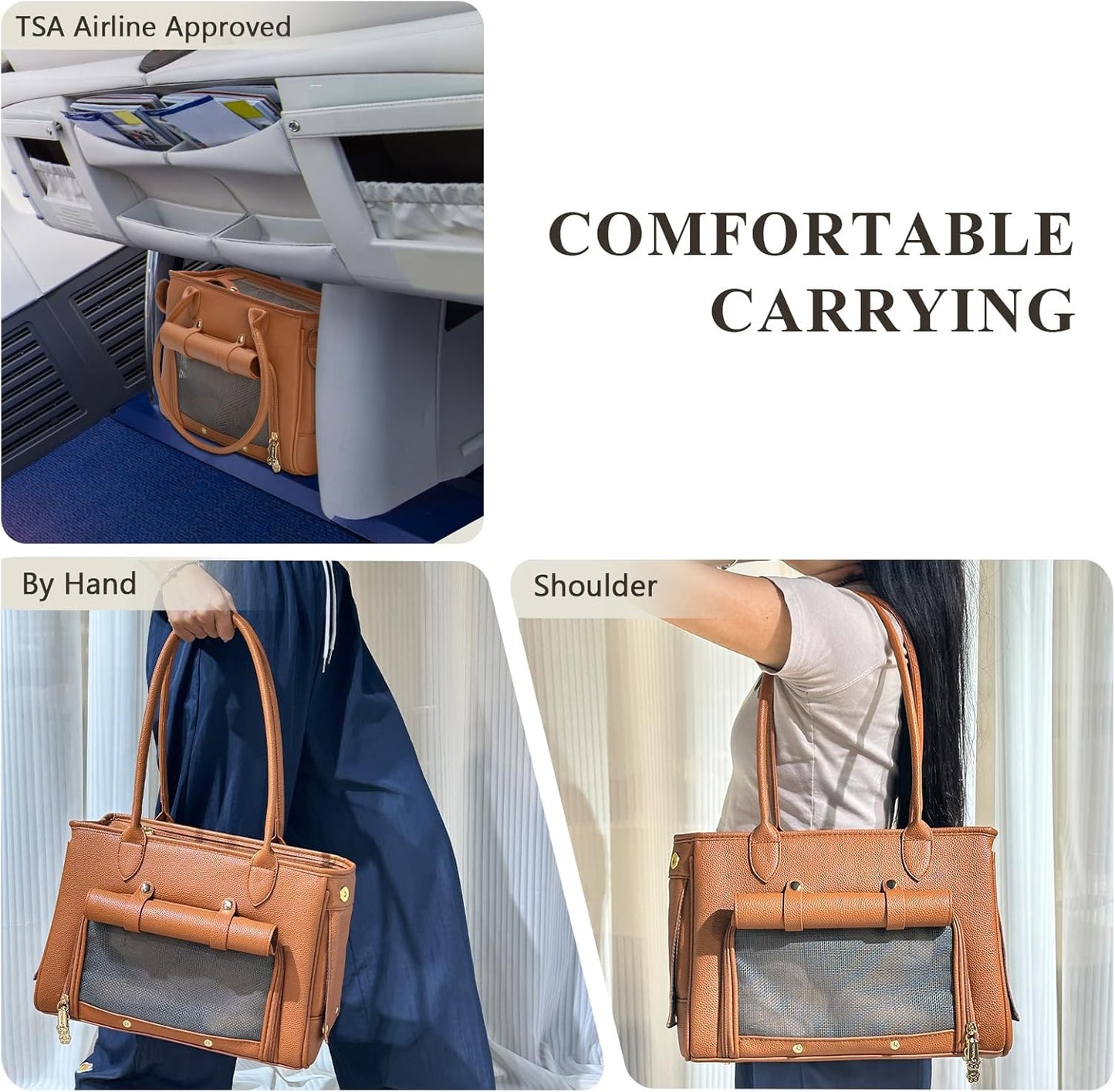 Minsong Fashion Pet Carrier Purse for Small Cat and Dog, Luxury Pu Soft-Sided Tote Bag with Large Pockets for Dogs and Puppies (Brown, 13.6" L x 6" W x 10.0" H)