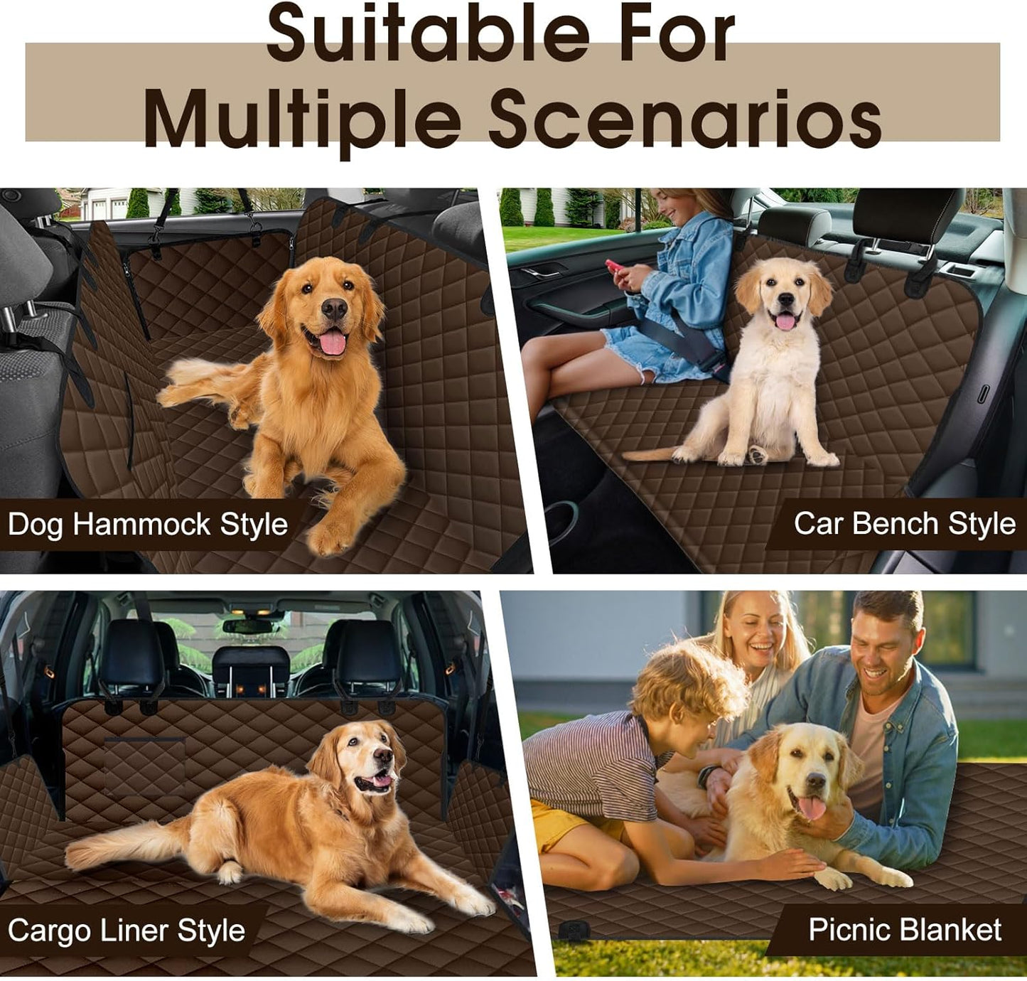 Waterproof Dog Car Seat Cover for Back Seat - Durable, Scratch Proof Pet Hammock with Nonslip Design & Storage Pockets, Fits Cars, SUVs, Trucks - L, Coffee/Black