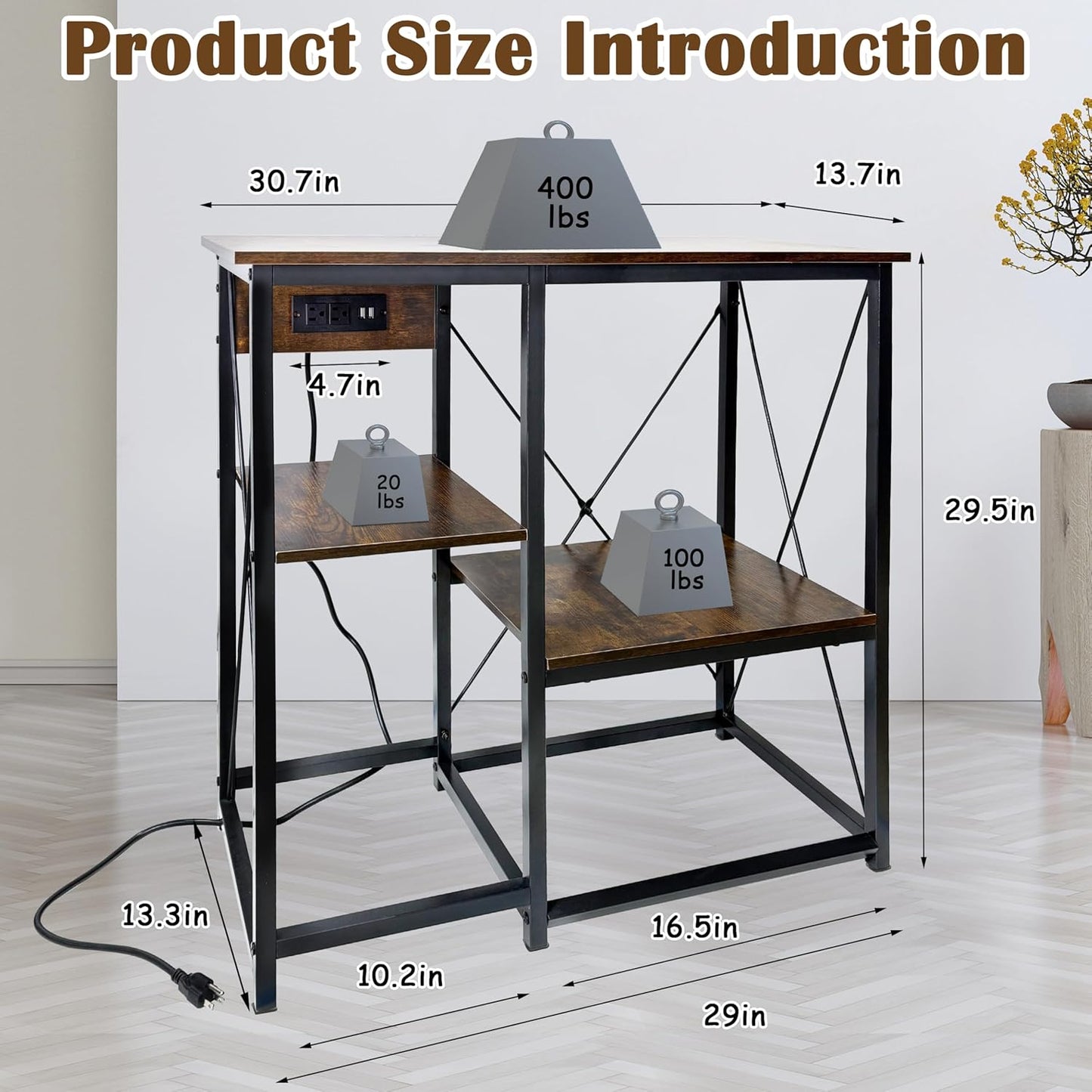 20-37 Gallon Fish Tank Stand with Power Outlet, 30.7"x13.8" Metal Frame Fish Stand, 3-Tier Wood Aquarium Stand, 400LBS Capacity Reptile Terrarium Stand