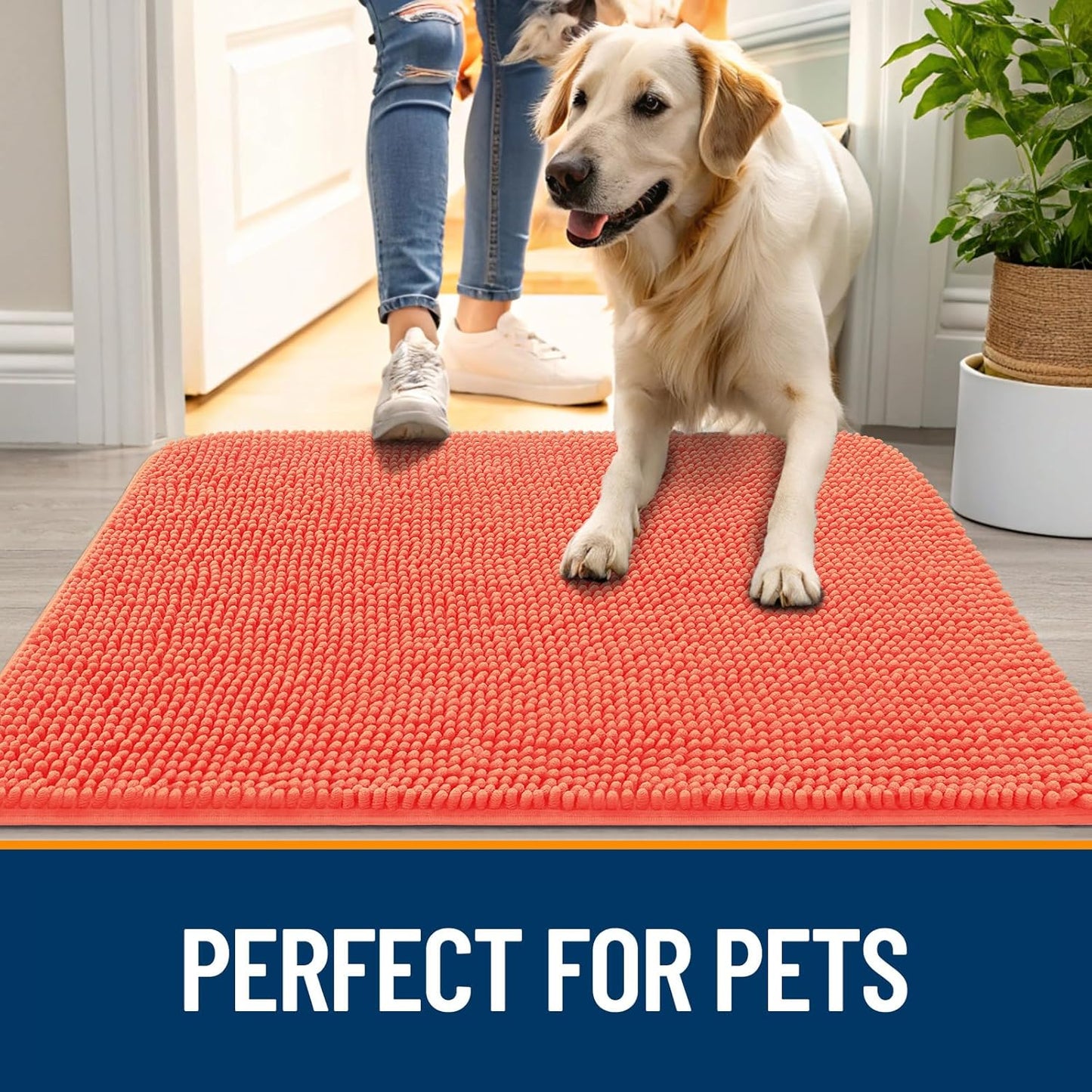 OLANLY Dog Door Mat for Muddy Paws 34x21, Absorbs Moisture and Dirt, Absorbent Non-Slip Washable Doormat, Quick Dry Chenille Mud Mat for Dogs, Entry Indoor Entryway Carpet for Inside Floor, Coral