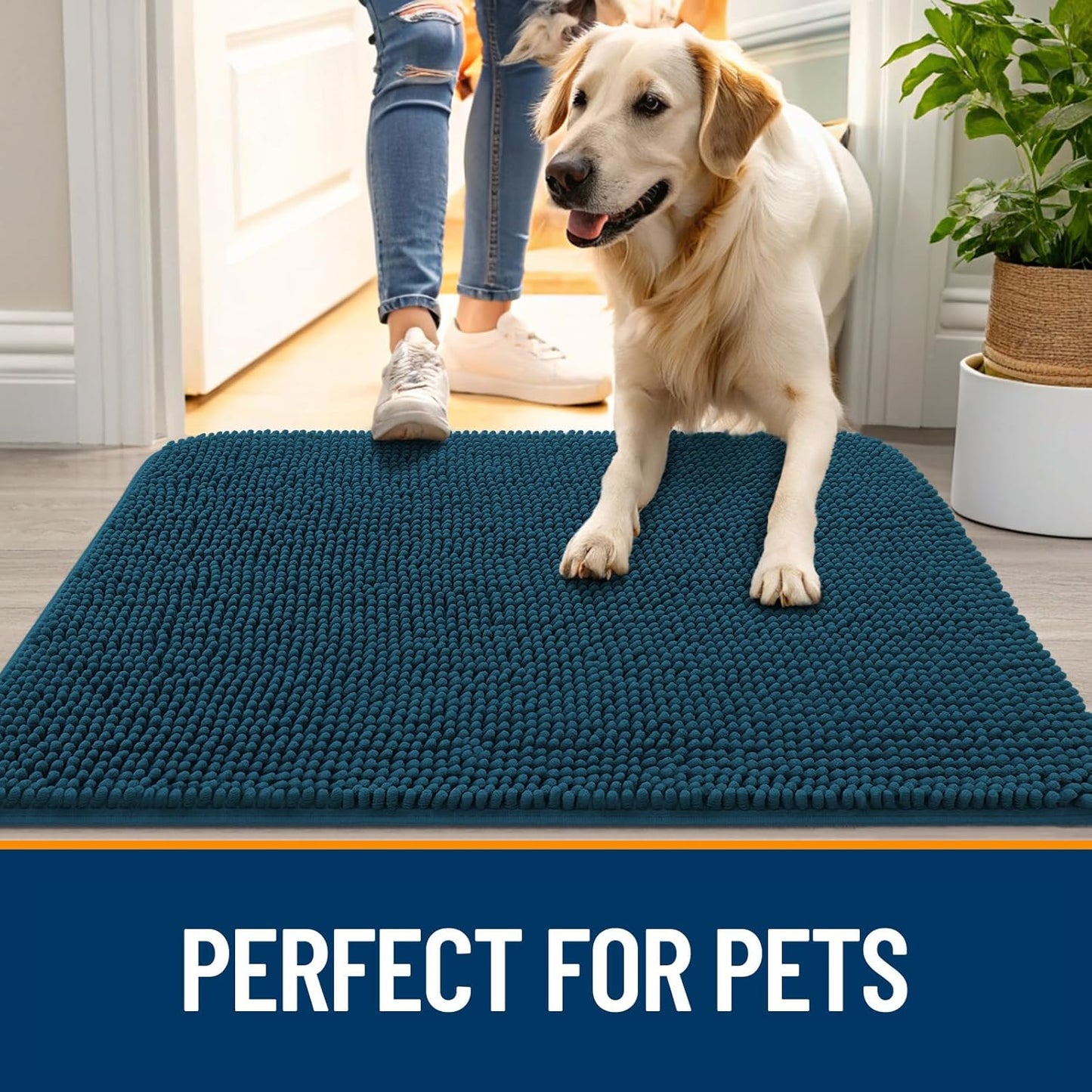 OLANLY Dog Door Mat for Muddy Paws 30x20, Absorbs Moisture and Dirt, Absorbent Non-Slip Washable Doormat, Quick Dry Chenille Mud Mat, Entry Indoor Entryway Carpet for Inside Floor, Atlantic Blue