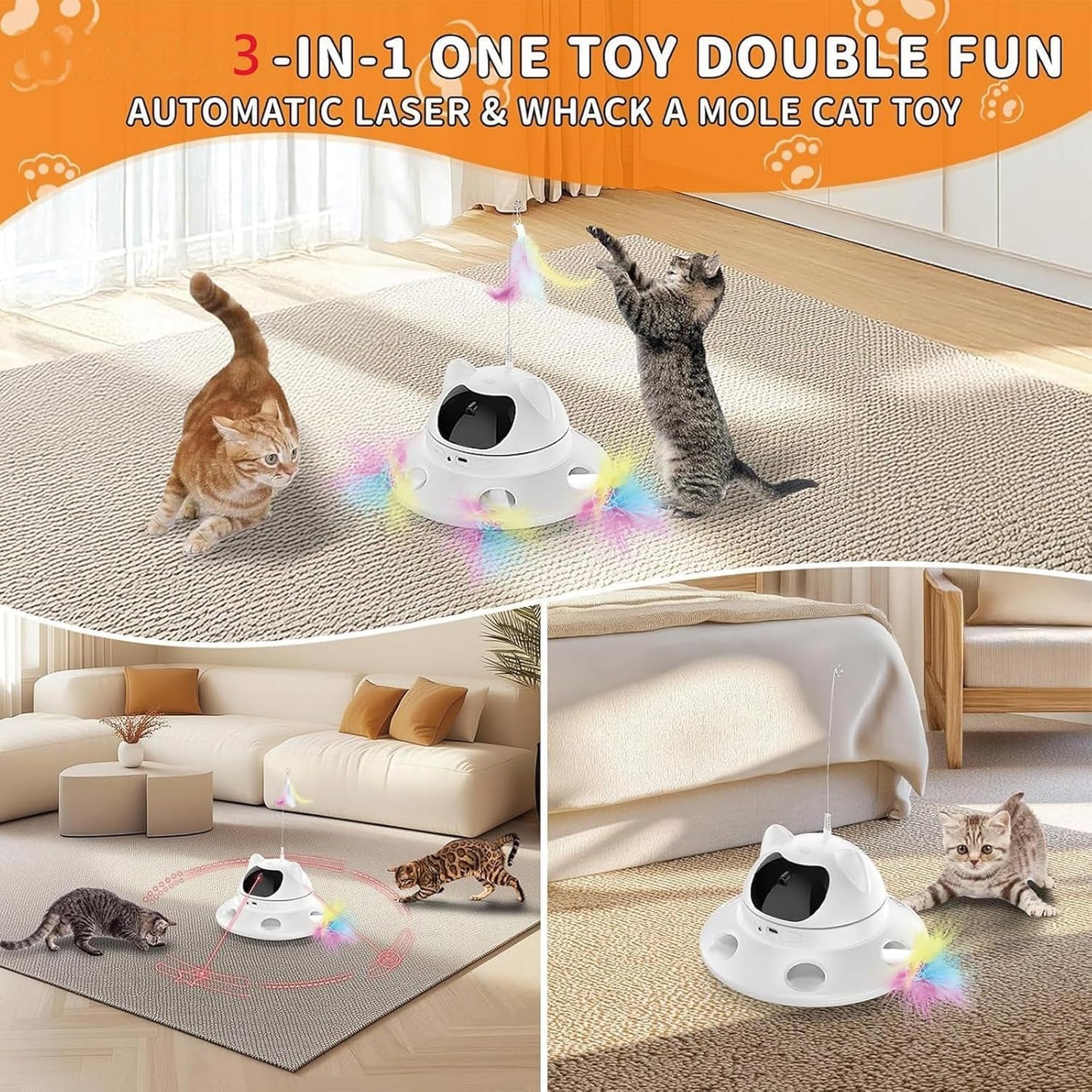 3-in-1 Cat Laser Toy & Interactive Automatic Motion-Activated Kitten Toy ā 6 Holes Whack-A-Mole Feather & Moving Ambush Fun ā USB Rechargeable, Apply to ā Indoor Exercise for Cats of All Breeds