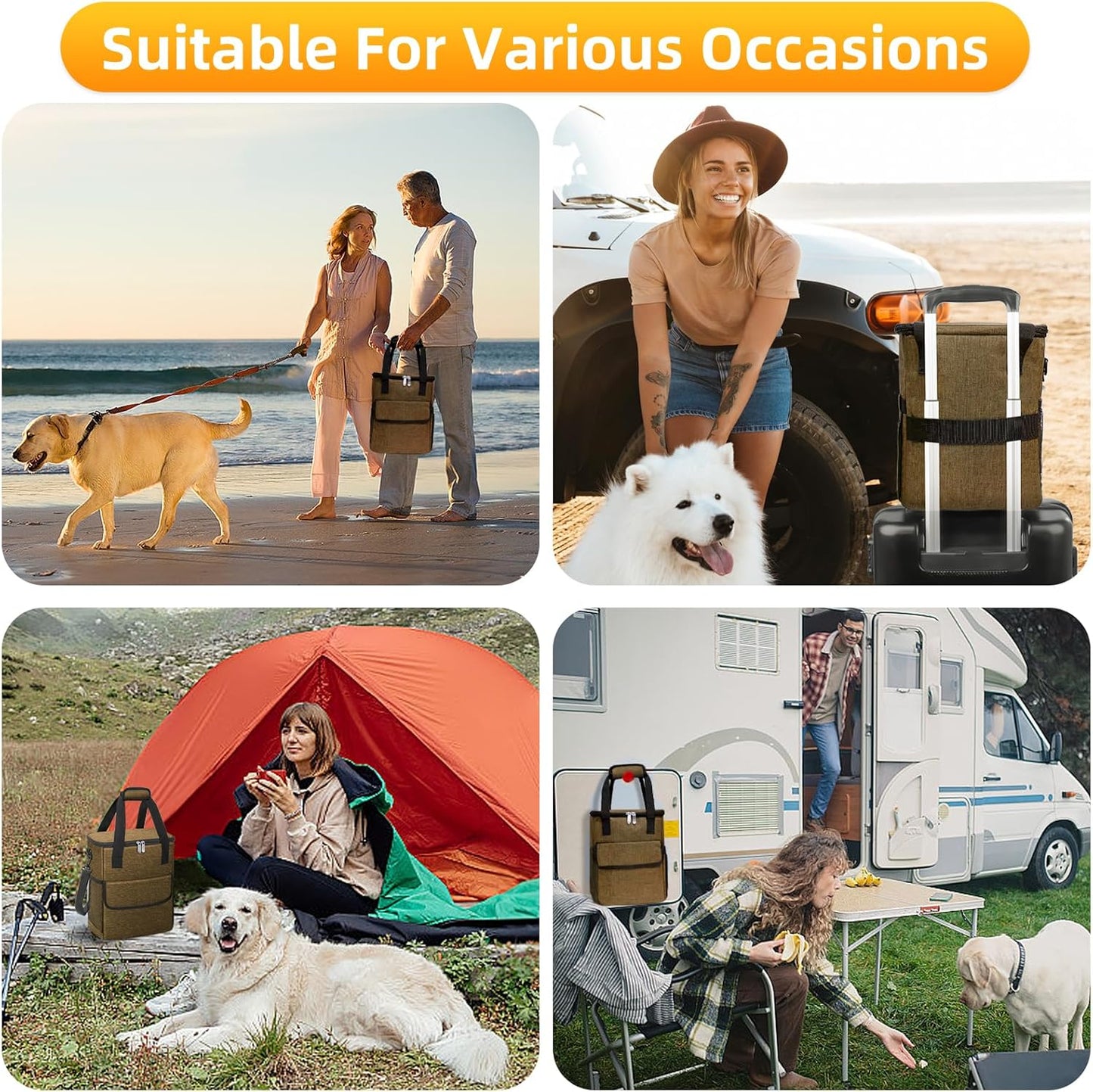 Dog Travel Bag for Camping - Pet Travel Accessories with 2 Collapsible Bowls, 2 Food Containers & Waterproof Feeding Mat - Portable Dog Carrier, Coffee (Small)