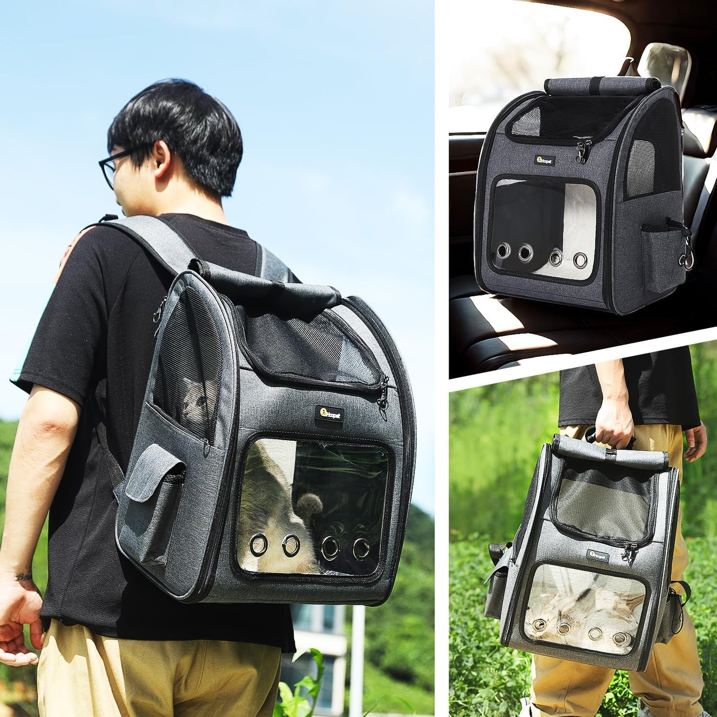 Hoopet Expandable Cat Backpack Carrier – Breathable Pet Carrier for Small Cats & Dogs, Foldable Travel Backpack with Mesh Ventilation for Hiking, Walking, Camping, Dark Grey